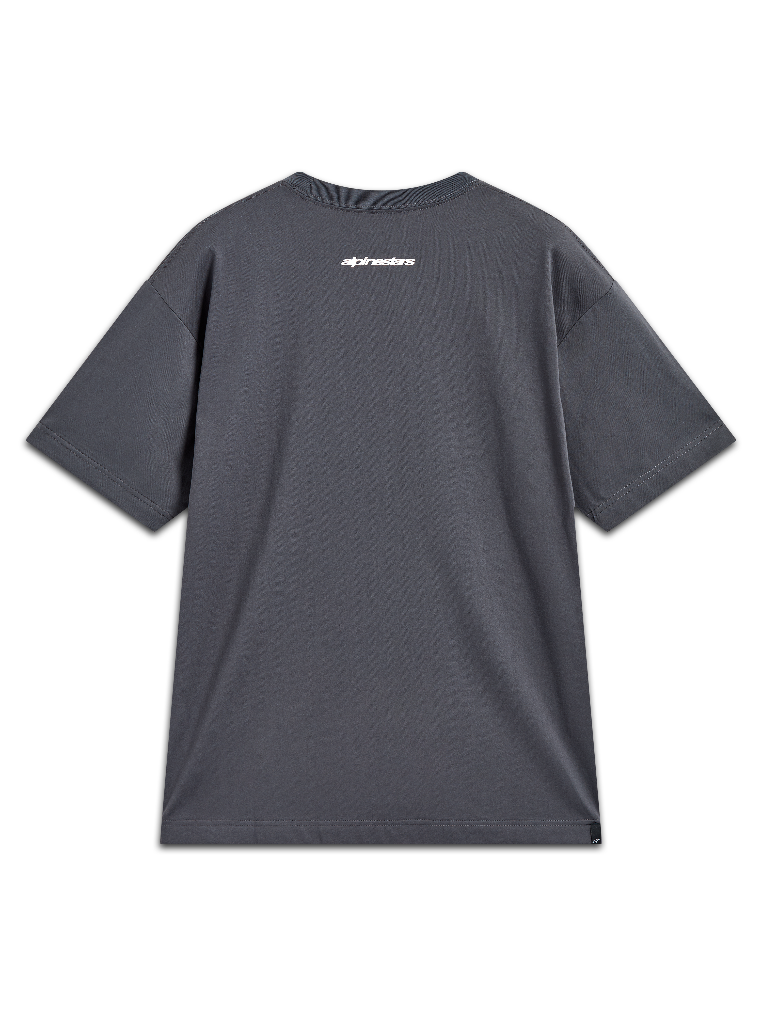 Alpinestars Mandate Oversized CSF T-shirt, grå kortærmet t-shirt med hvid ordgrafik på ryggen, afslappet sportstøj