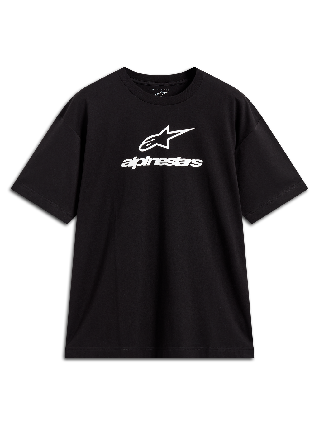 Alpinestars Prelude Oversized CSF T-shirt, sort kortærmet trøje med hvidt stablet logo, afslappet motorsport-streetwear.