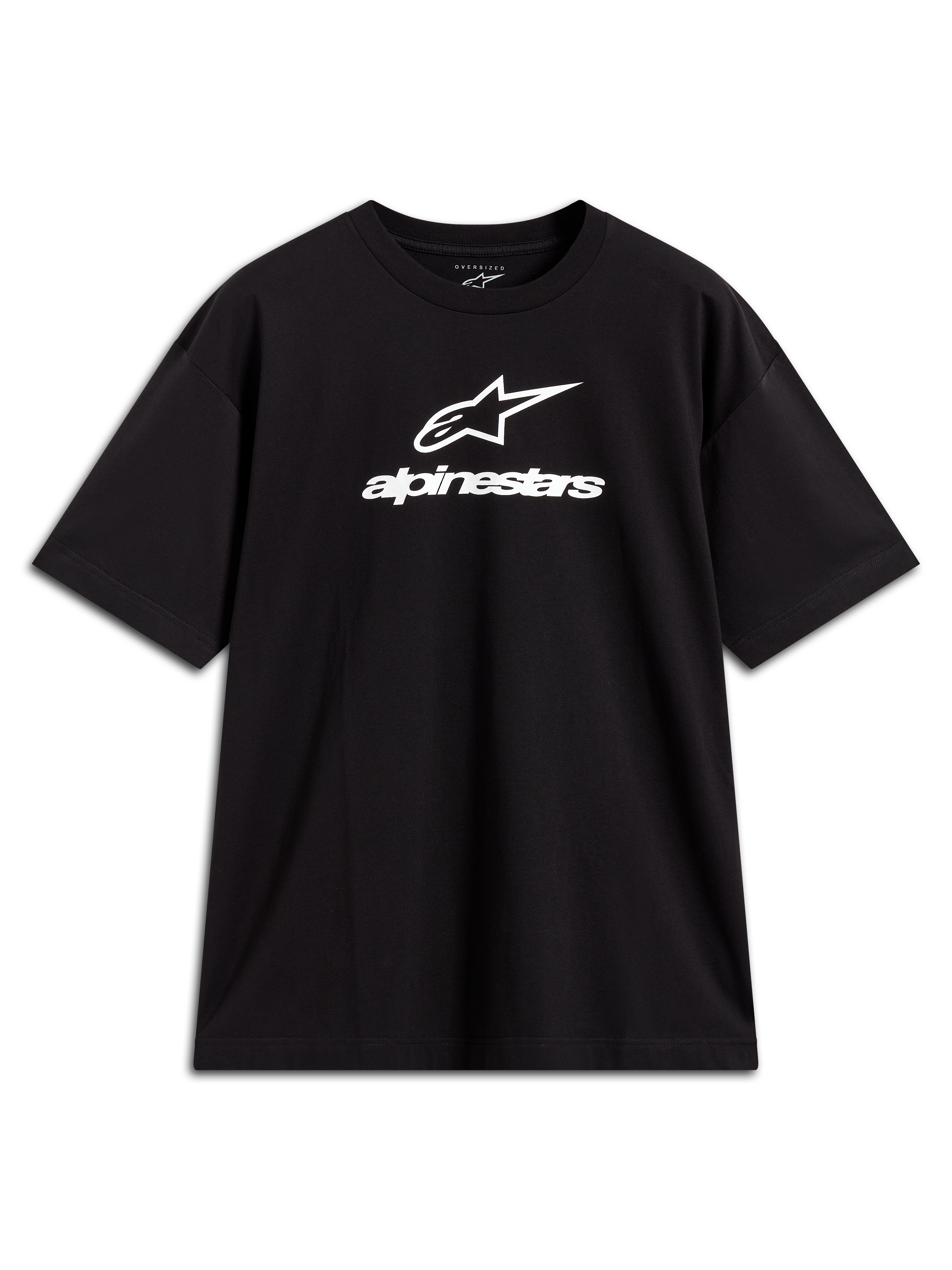 Alpinestars Prelude Oversized CSF T-shirt, sort kortærmet trøje med hvidt stablet logo, afslappet motorsport-streetwear.