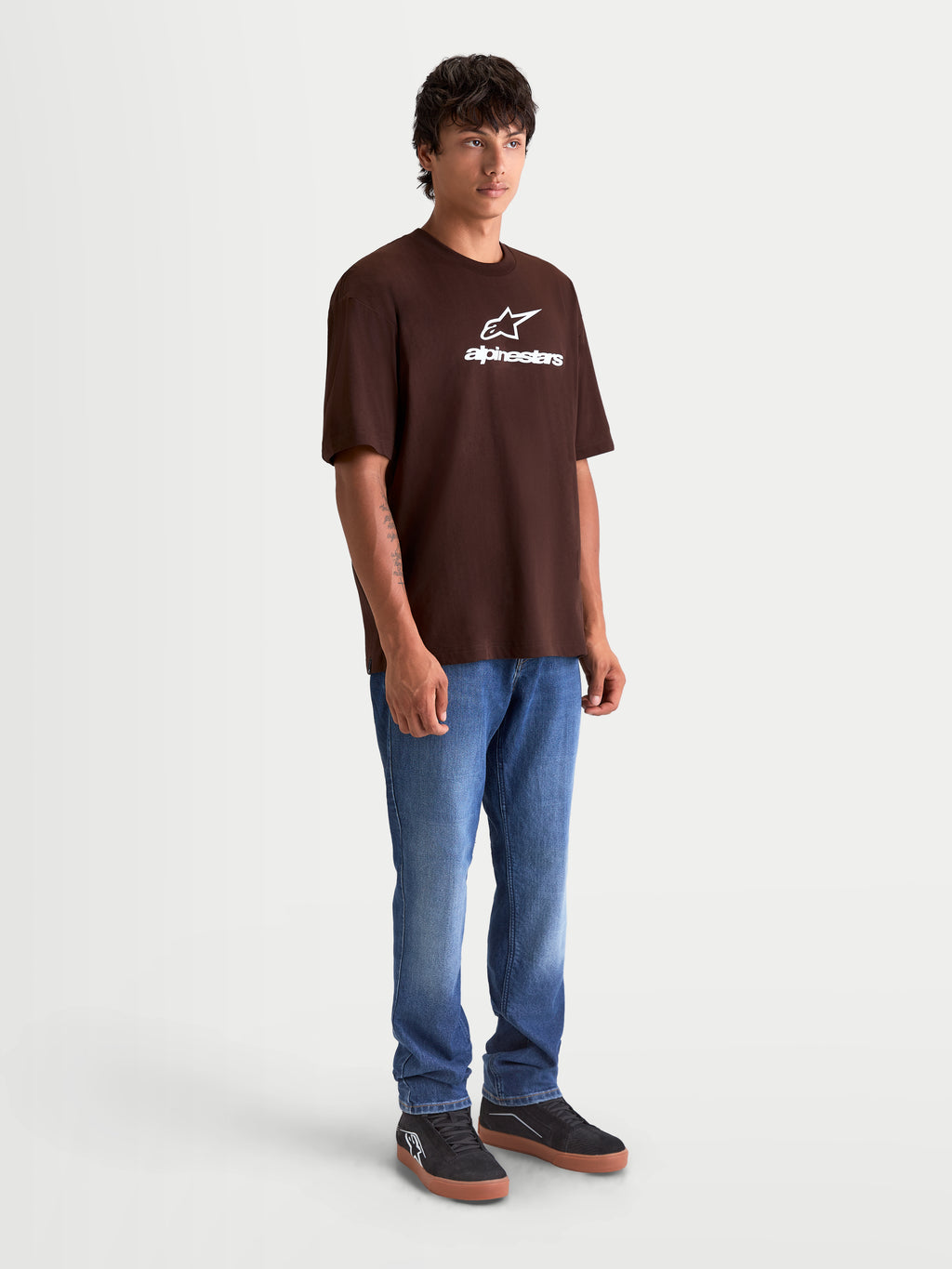 Alpinestars Prelude Oversized CSF Tee, Casual Sportswear Short Sleeve T-Shirt, Brown with White Astars Logo on Chest, Relaxed Fit, Soft Cotton-Polyester Blend, On-Model View