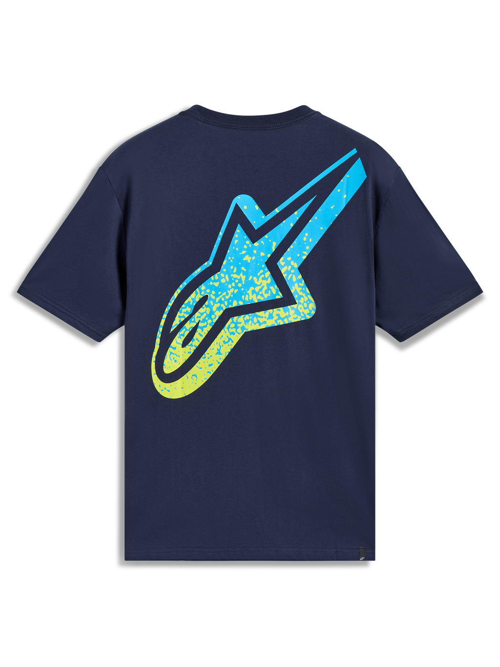 Alpinestars Meteor CSF Tee, navyblå kortærmet t-shirt set bagfra med stort gult og blåt Astars logo med farvegraduering, afslappet sportstøj.