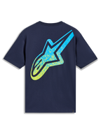 Alpinestars Meteor CSF Tee, navyblå kortærmet t-shirt set bagfra med stort gult og blåt Astars logo med farvegraduering, afslappet sportstøj.