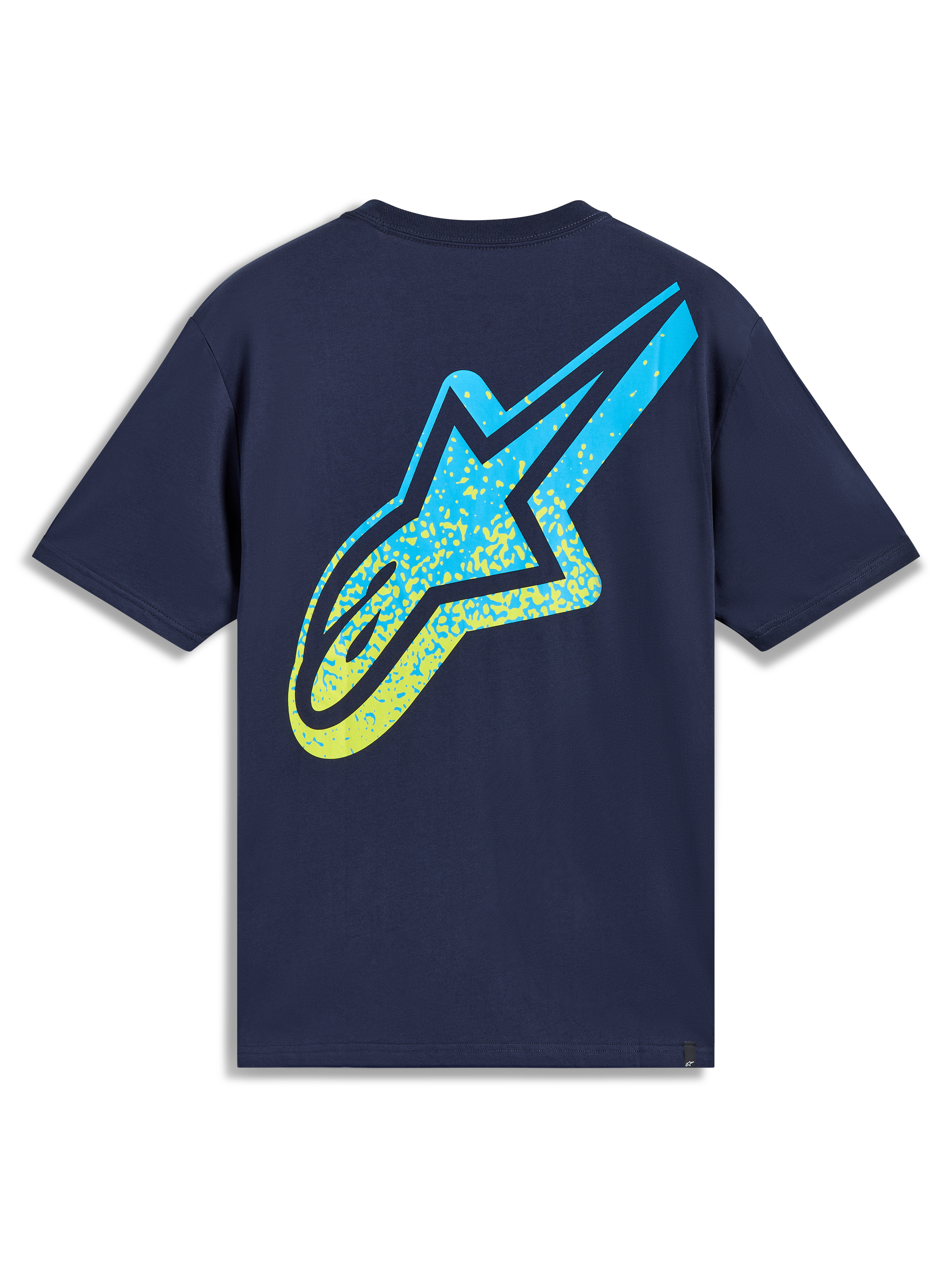 Alpinestars Meteor CSF Tee, navyblå kortærmet t-shirt set bagfra med stort gult og blåt Astars logo med farvegraduering, afslappet sportstøj.