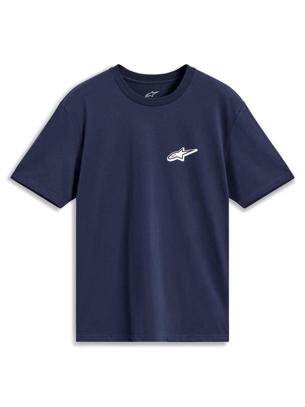 Alpinestars Meteor CSF kortærmet T-shirt i blå med et lille hvidt Astars-logo på brystet, afslappet sportstøj.