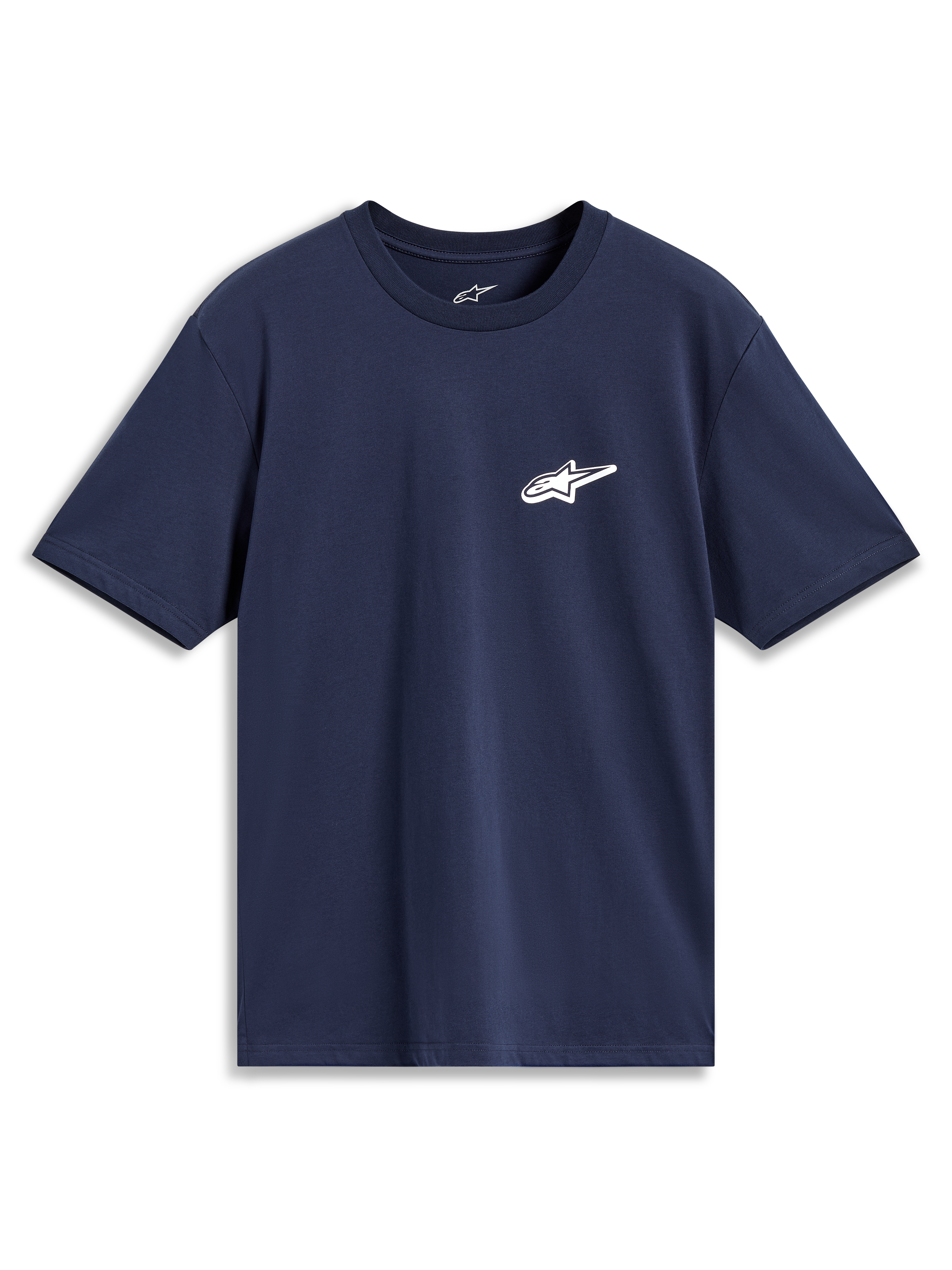 Alpinestars Meteor CSF kortærmet T-shirt i blå med et lille hvidt Astars-logo på brystet, afslappet sportstøj.