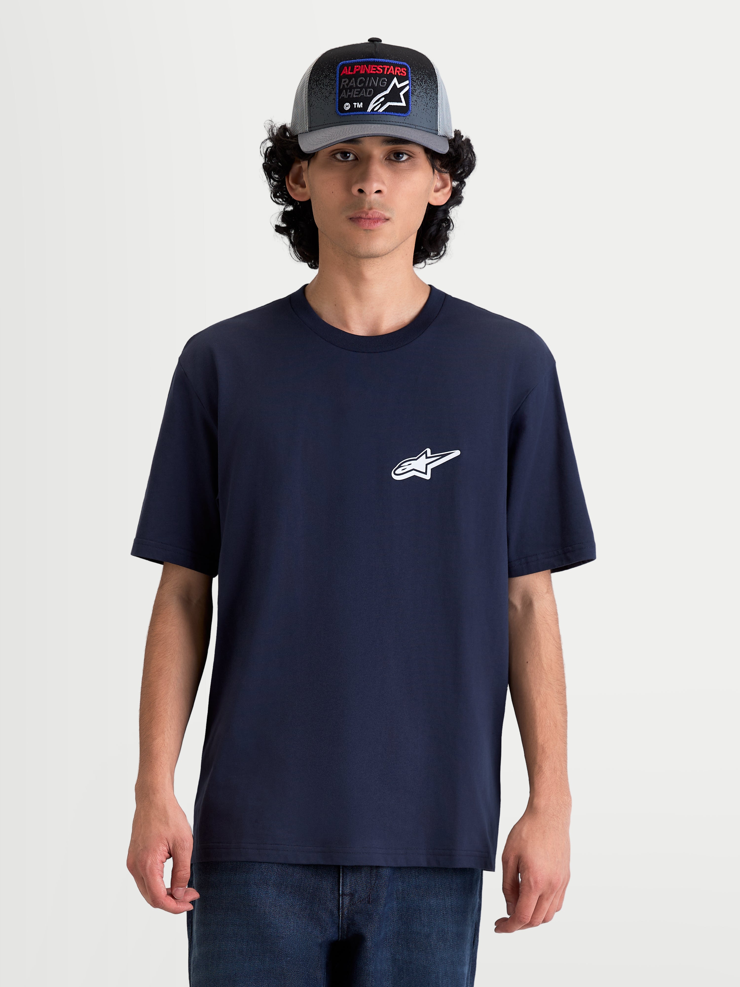 Alpinestars Meteor CSF T-Shirt, kortærmet herre-t-shirt, navy blå, lille hvidt Astars-logo på brystet, afslappet motorsportstøj i blød bomuld- og polyesterblanding.