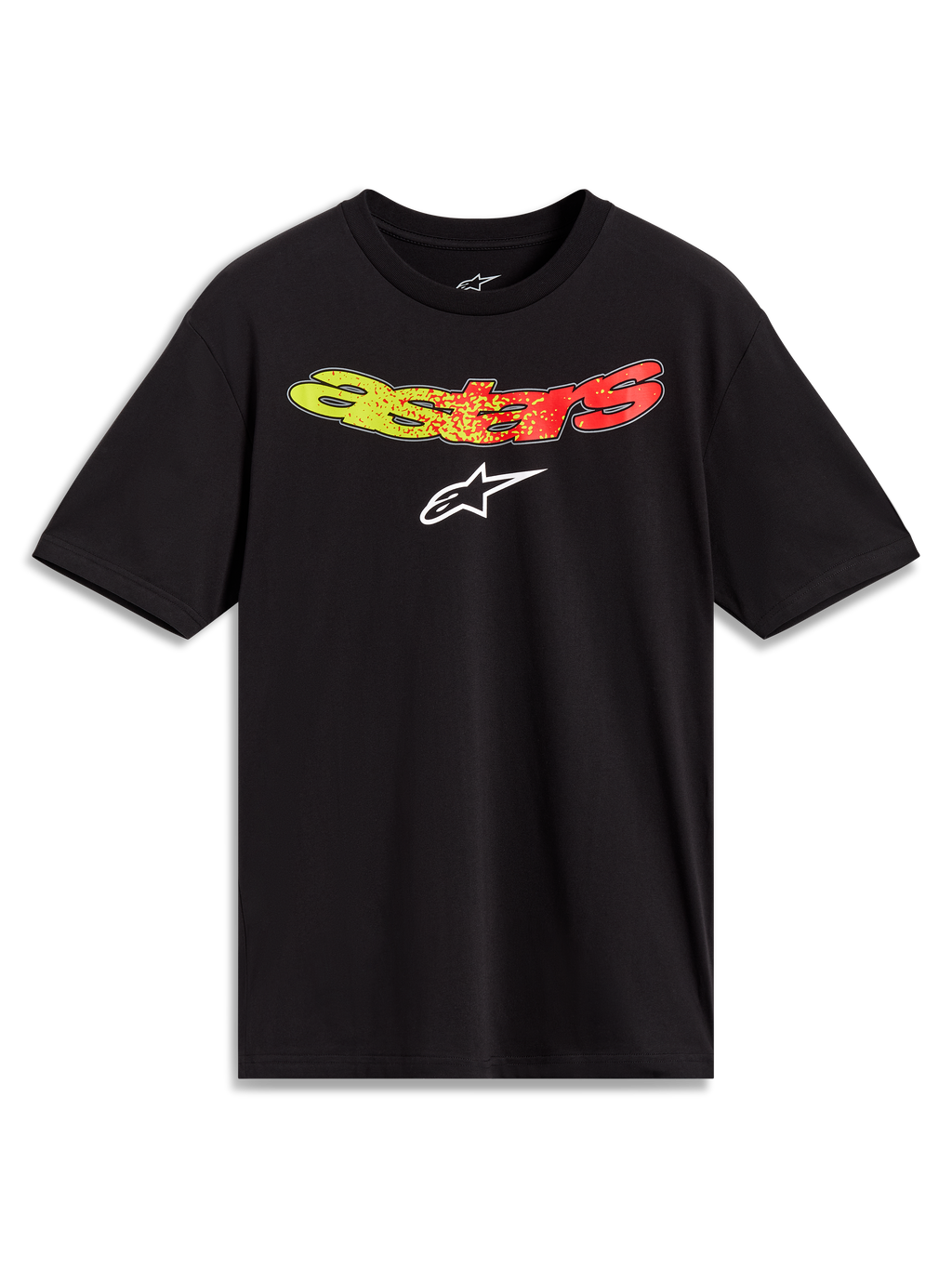 Sort Alpinestars Elliptogrit CSF kortærmet t-shirt med en gul til rød gradient Astars-grafik på brystet.