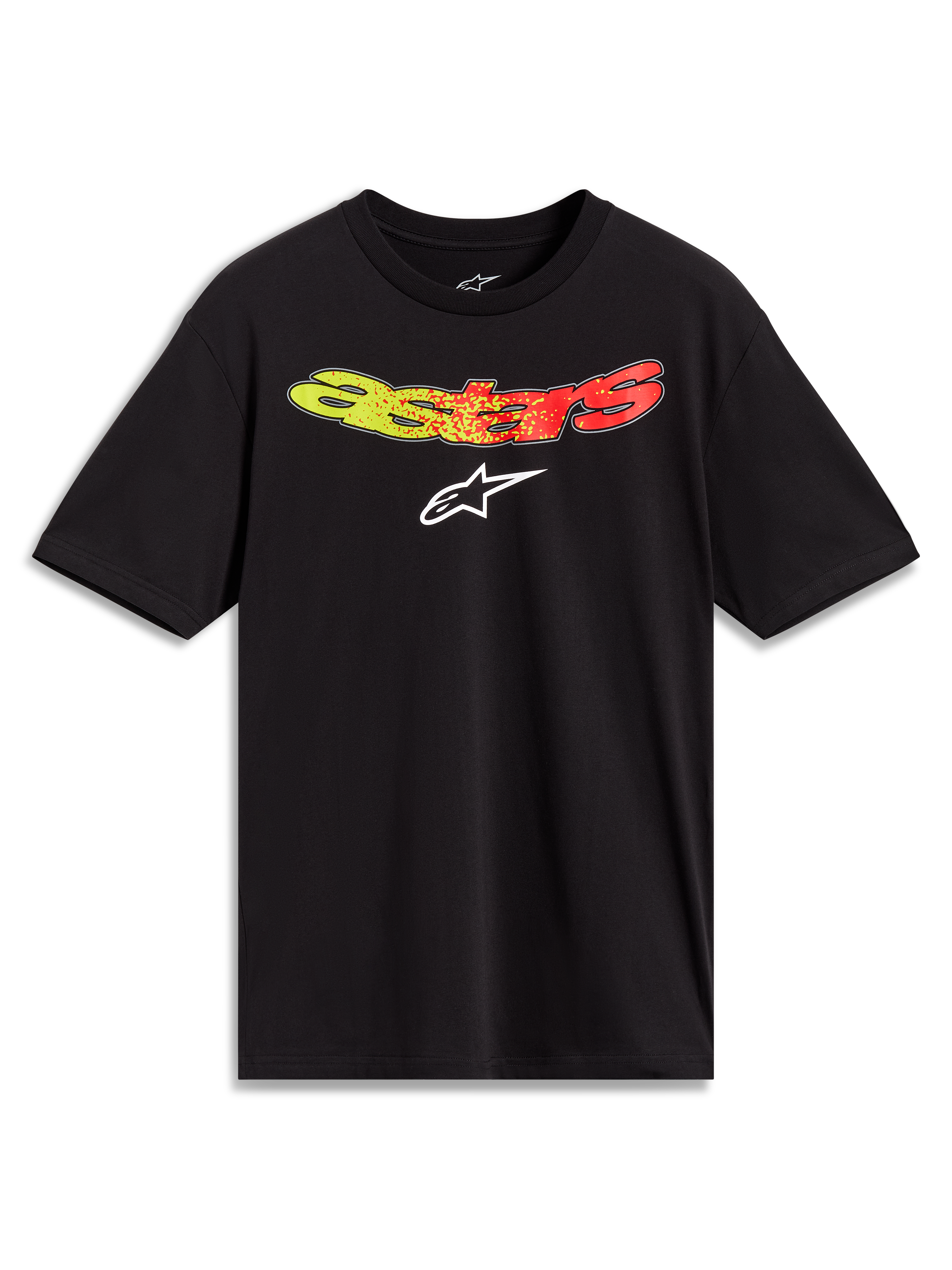Sort Alpinestars Elliptogrit CSF kortærmet t-shirt med en gul til rød gradient Astars-grafik på brystet.