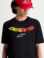 Alpinestars Elliptogrit CSF T-shirt, herre-kortærmet T-shirt, sort med gul og rød Astars-grafik med farvegradient på brystet, blødt print, bomuld-polyester-blanding, afslappet sportstøj til hverdagsbrug