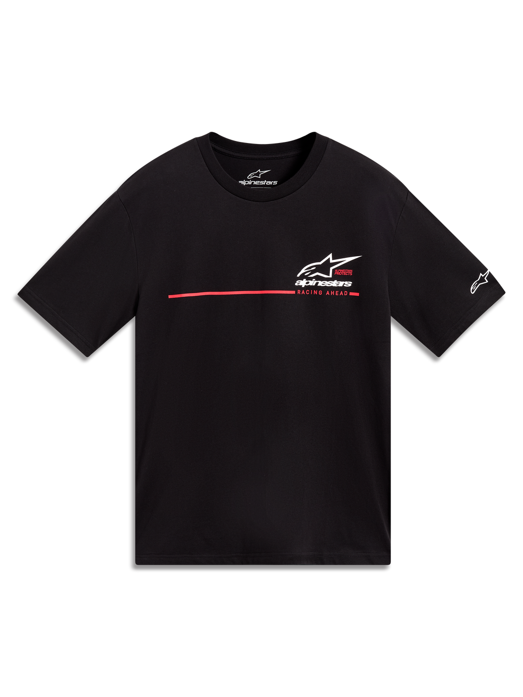 Alpinestars P1 CSF Short Sleeve Tee, black unisex sportswear with a white Astars logo and red race stripe graphic.
