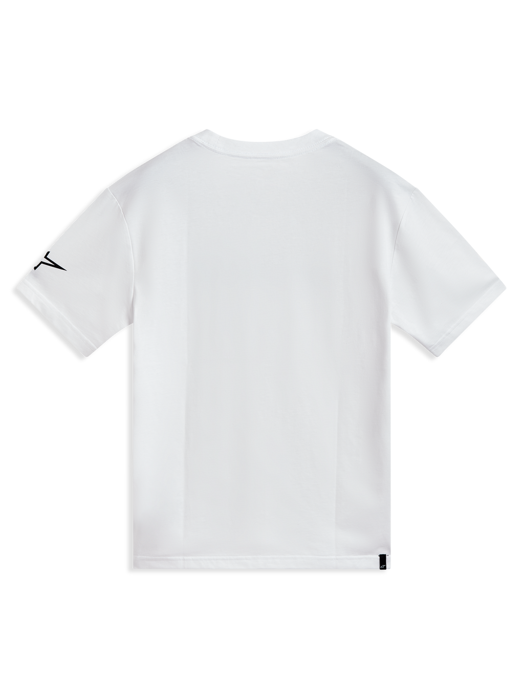 Alpinestars P1 CSF Tee, hvid kortærmet t-shirt i blød bomuldsblanding, set bagfra med sort logo på ærmet og lille mærke ved kanten, afslappet motorsport-streetwear