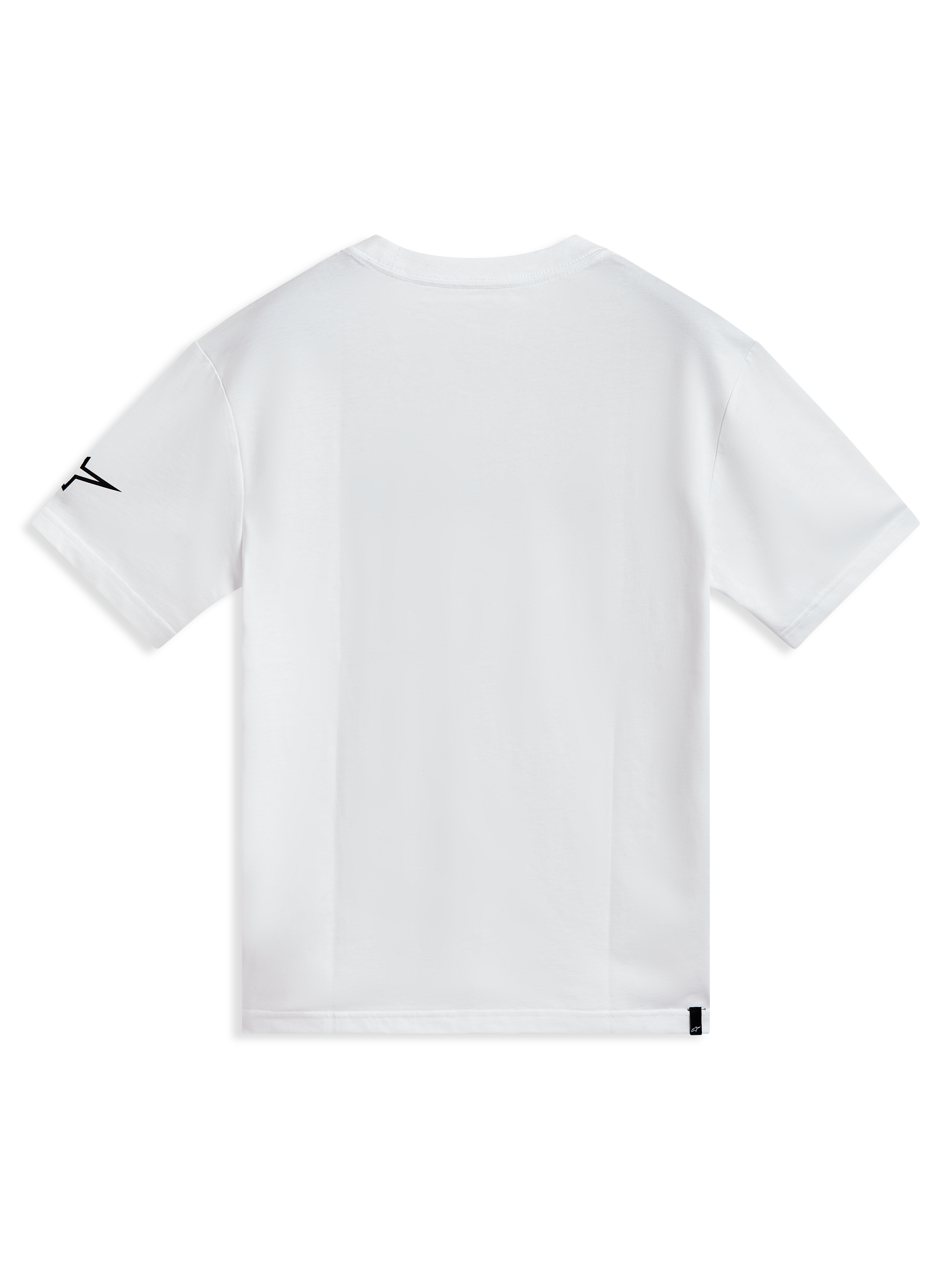 Alpinestars P1 CSF Tee, hvid kortærmet t-shirt i blød bomuldsblanding, set bagfra med sort logo på ærmet og lille mærke ved kanten, afslappet motorsport-streetwear