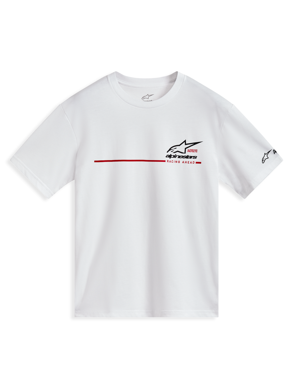 Alpinestars P1 CSF Tee, hvid kortærmet t-shirt med rød racestribe og sort logo, casual motorsport streetwear