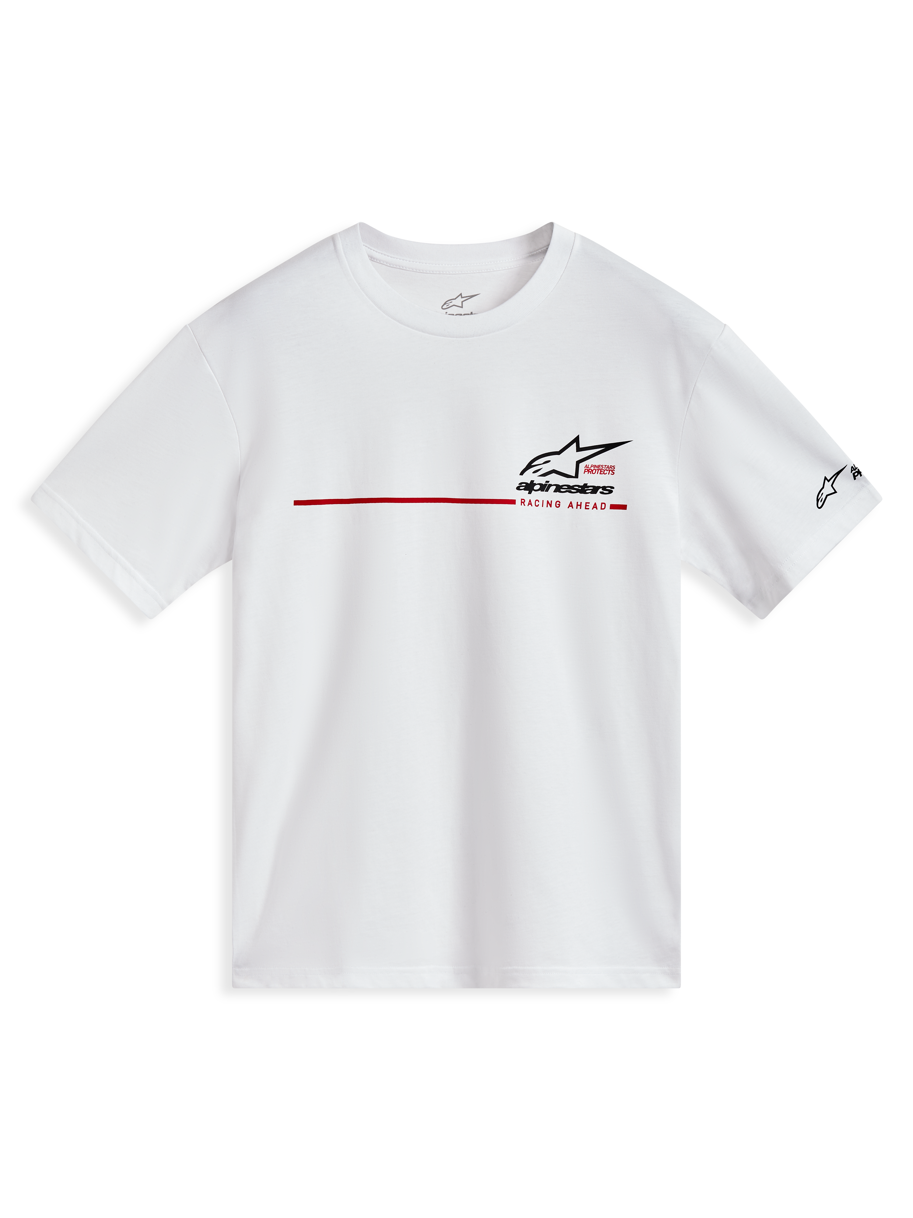 Alpinestars P1 CSF Tee, hvid kortærmet t-shirt med rød racestribe og sort logo, casual motorsport streetwear