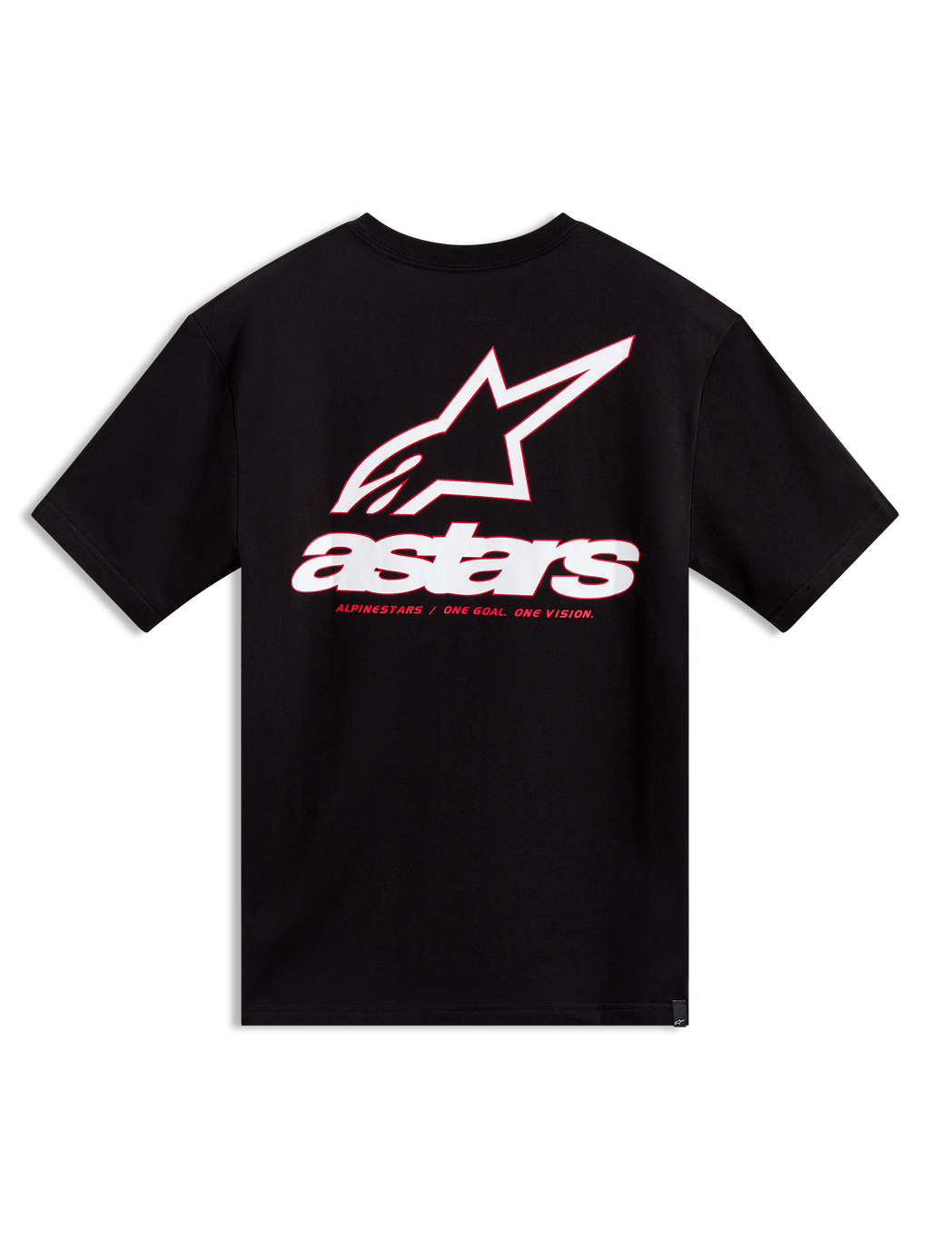 Alpinestars Lineout CSF T-shirt, sort kortærmet trøje med hvid og rød logografik på ryggen, afslappet motorsport-streetwear.