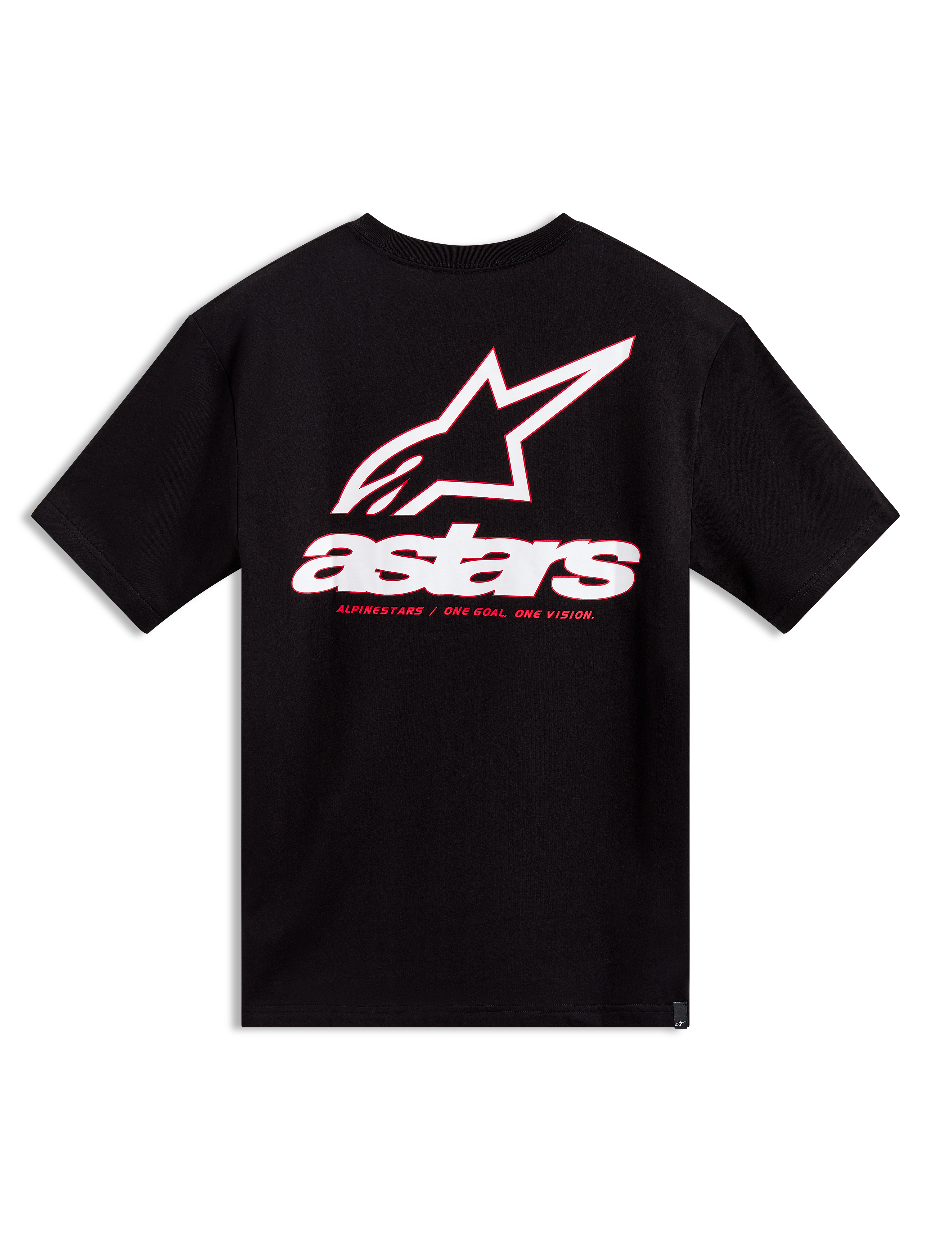 Alpinestars Lineout CSF T-shirt, sort kortærmet trøje med hvid og rød logografik på ryggen, afslappet motorsport-streetwear.