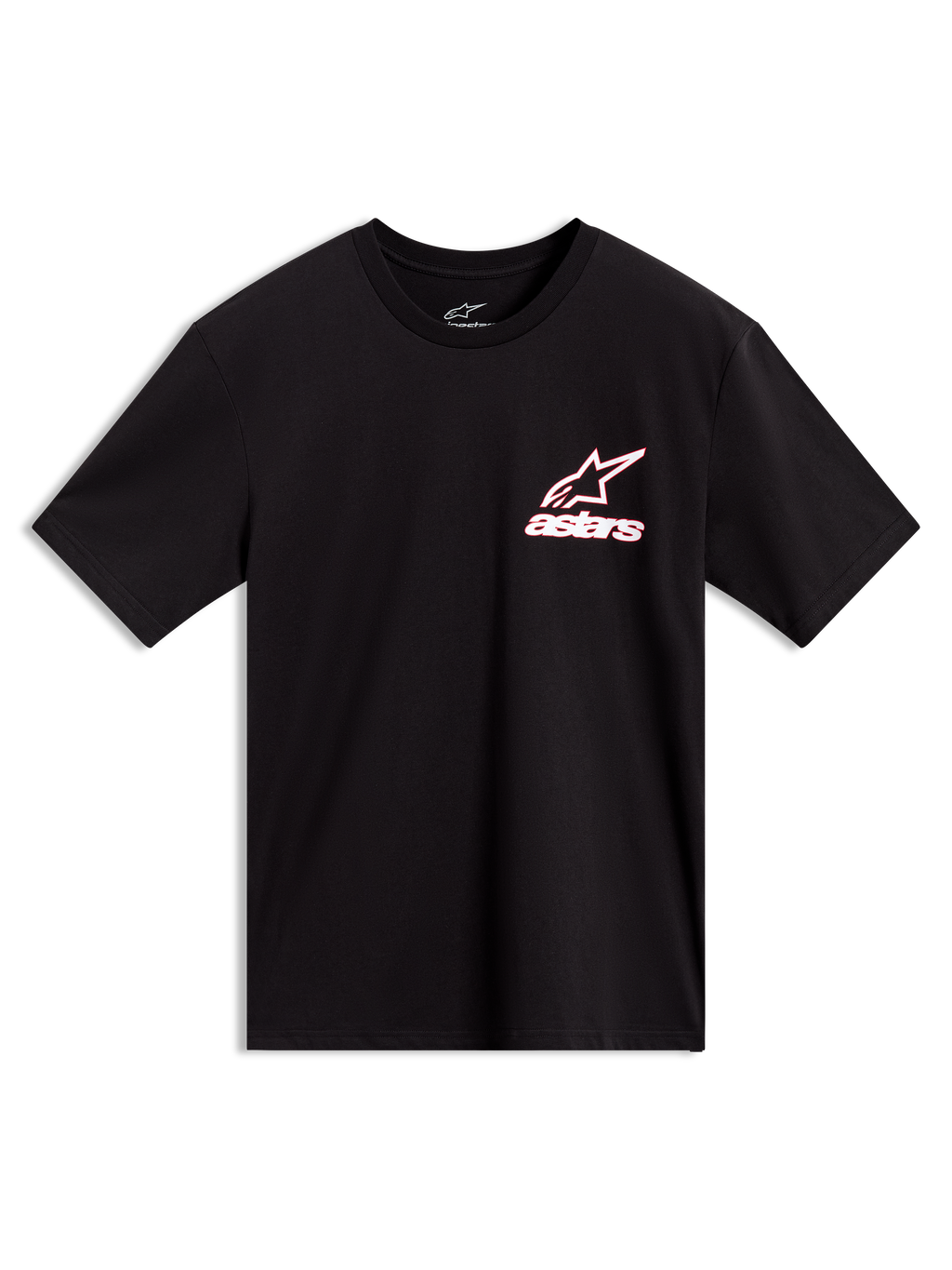 Alpinestars Lineout CSF Tee, sort kortærmet t-shirt med hvidt og rødt Astars-logo på brystet, afslappet sportstøj.