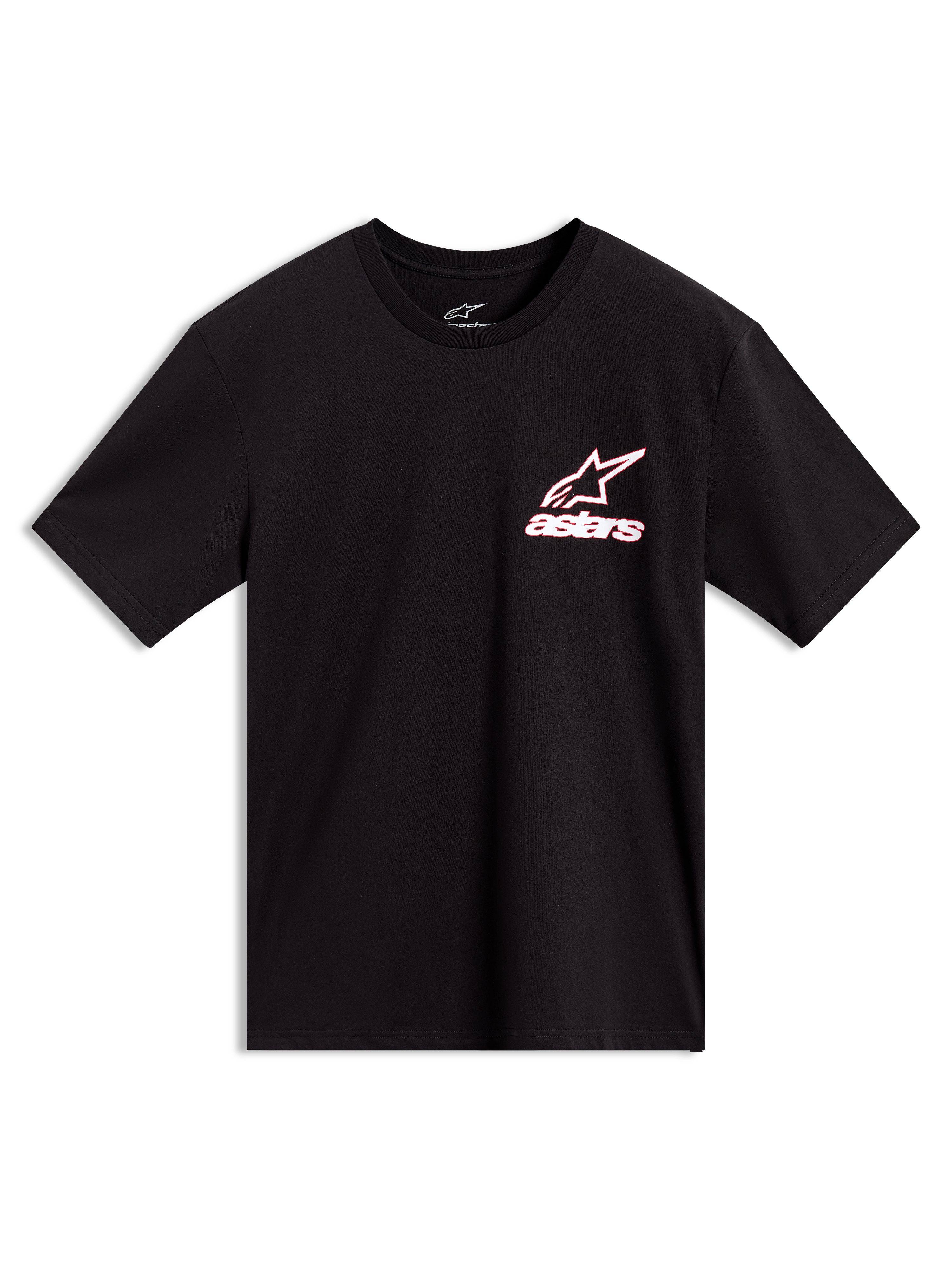 Alpinestars Lineout CSF Tee, sort kortærmet t-shirt med hvidt og rødt Astars-logo på brystet, afslappet sportstøj.