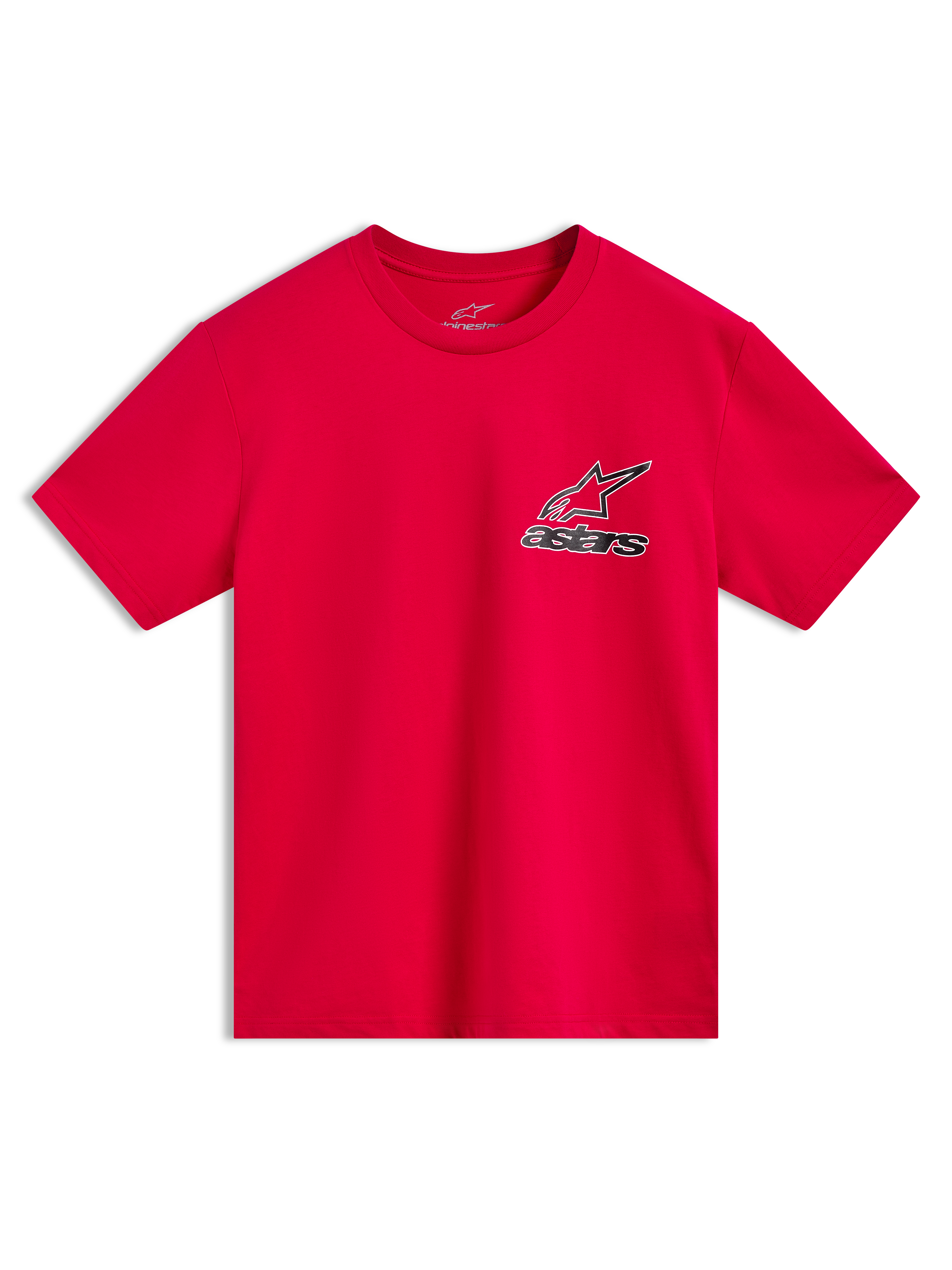 Alpinestars Lineout CSF Tee, rød kortærmet t-shirt med Astars-logografik med omrids på brystet, sportstøj.