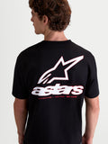 Alpinestars Lineout CSF T-shirt, herre-kortærmet T-shirt set bagfra, sort med stort hvidt og rødt Astars-logo og tagline på ryggen, afslappet motorsport sportswear, bomuld-polyester blanding