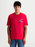Alpinestars Lineout CSF T-shirt, rød herre kortærmet T-shirt med sort og hvidt Astars-logo på brystet, set forfra på model, afslappet sportswear-design, blødt bomulds- og polyestermateriale