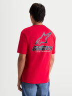 Alpinestars Lineout CSF T-shirt, rød kortærmet sportswear T-shirt set bagfra på model, med stort Astars-logo og One Goal One Vision-branding, blødt print, afslappet hverdagstøj.
