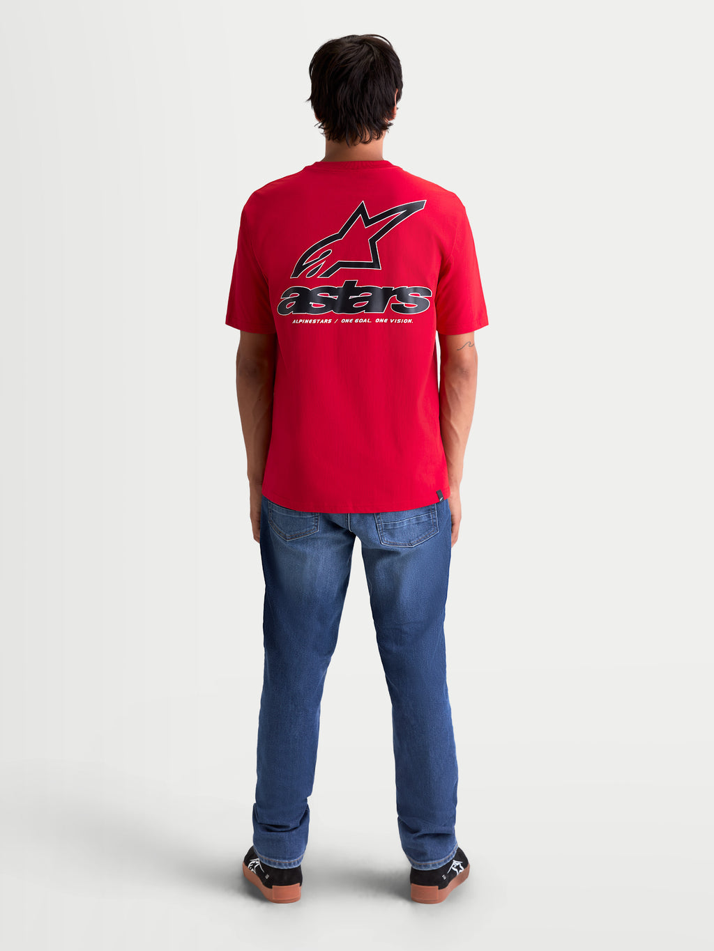 Alpinestars Lineout CSF T-shirt, herre-kortærmet sportswear T-shirt set bagfra, rød med stort sort og hvidt Astars-logo og spiralgrafik på ryggen, blødt print, afslappet livsstilsbeklædning