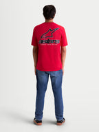Alpinestars Lineout CSF T-shirt, herre-kortærmet sportswear T-shirt set bagfra, rød med stort sort og hvidt Astars-logo og spiralgrafik på ryggen, blødt print, afslappet livsstilsbeklædning