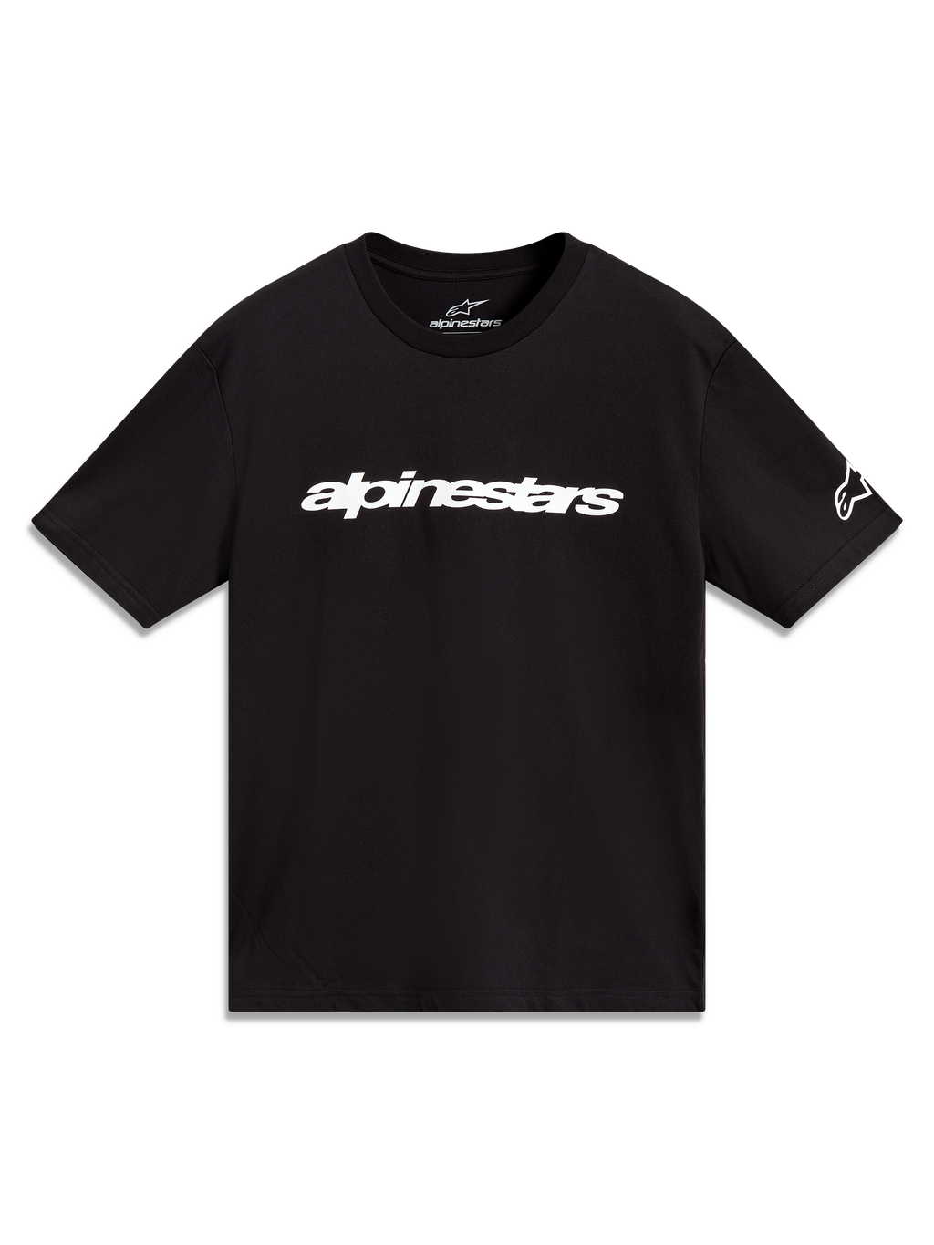 Alpinestars Race Wordmark CSF Tee, black short-sleeve sportswear shirt featuring a white linear logo and sleeve graphic.
