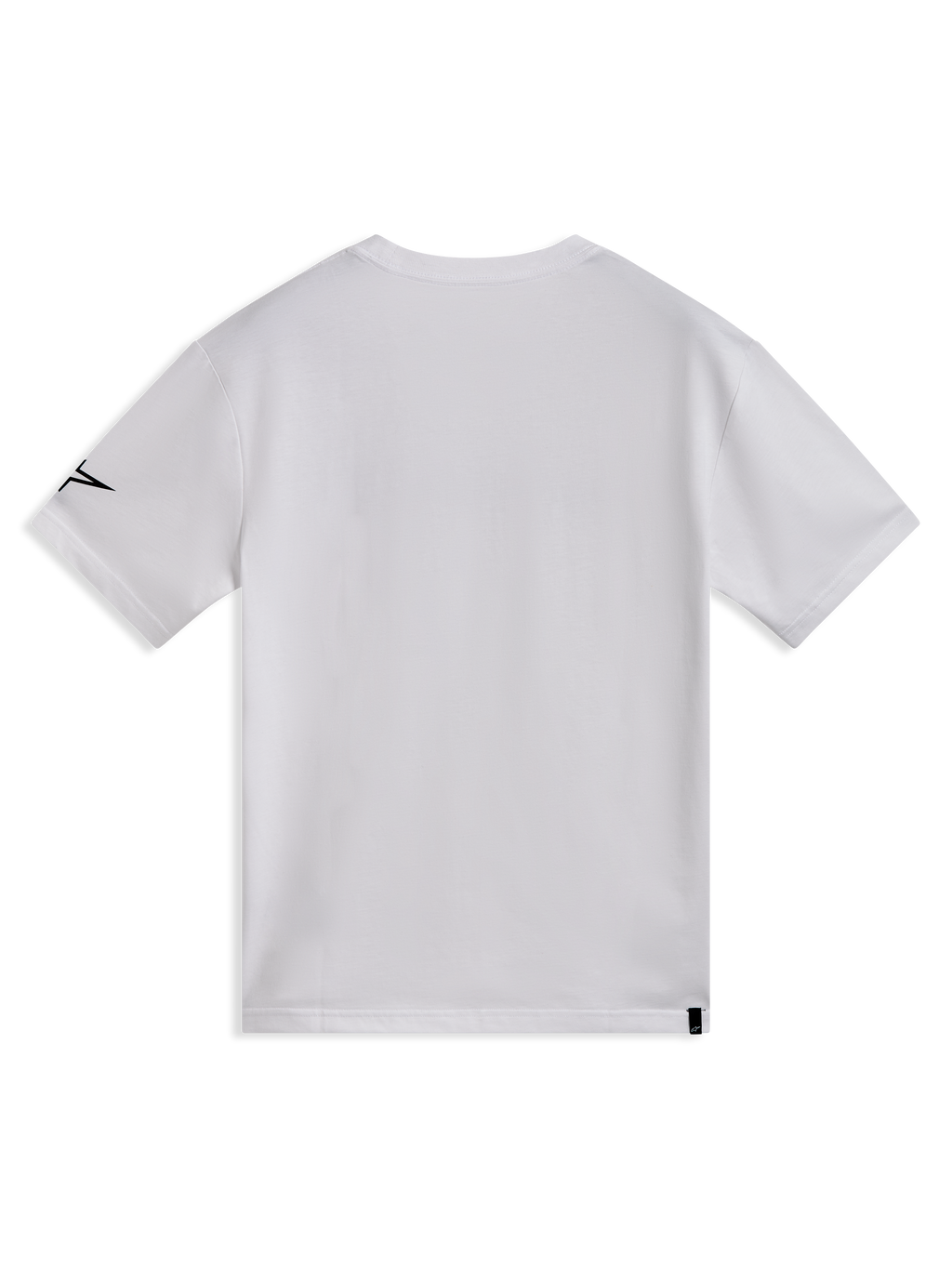 Alpinestars Race Wordmark CSF T-shirt, hvid kortærmet trøje set bagfra med sort Ageless-logo på ærmet, sportstøj.