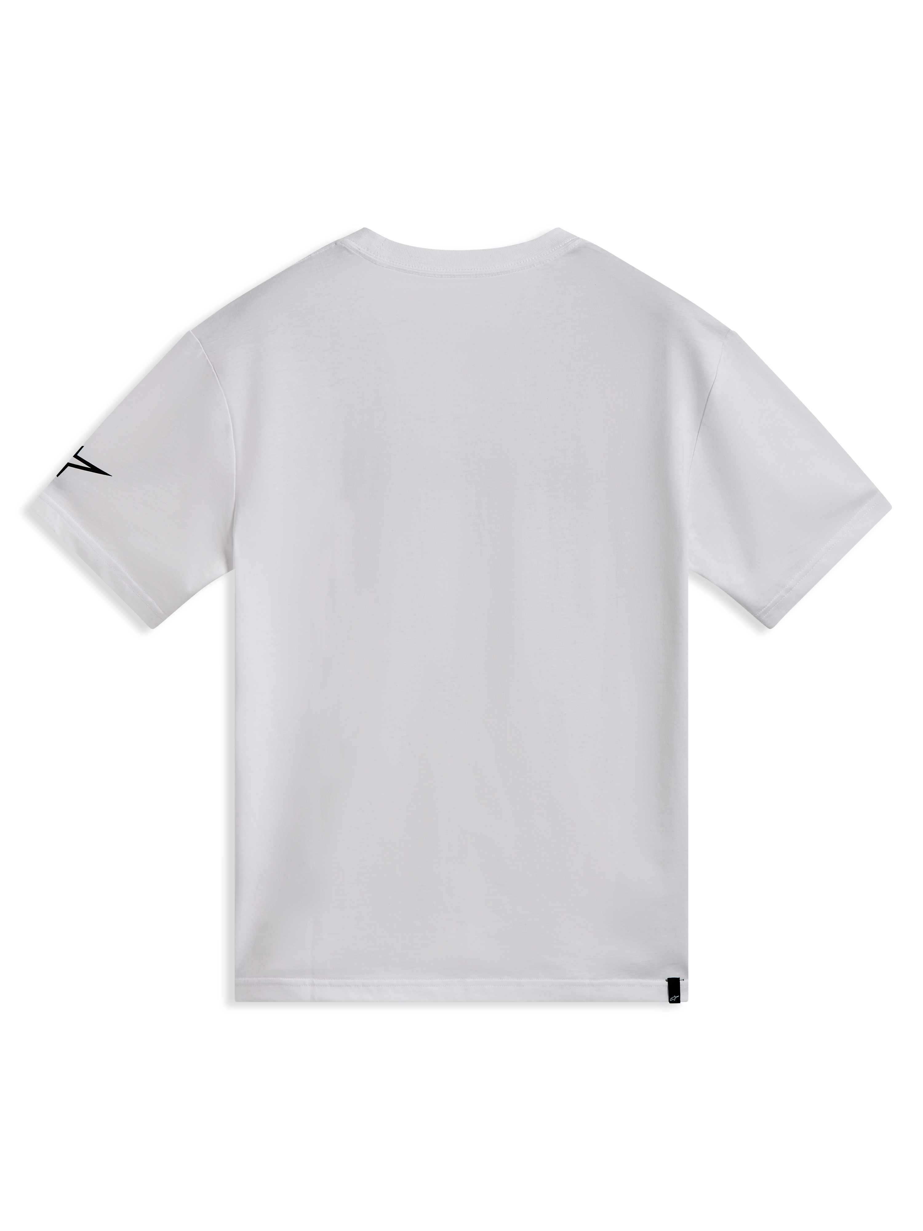 Alpinestars Race Wordmark CSF T-shirt, hvid kortærmet trøje set bagfra med sort Ageless-logo på ærmet, sportstøj.