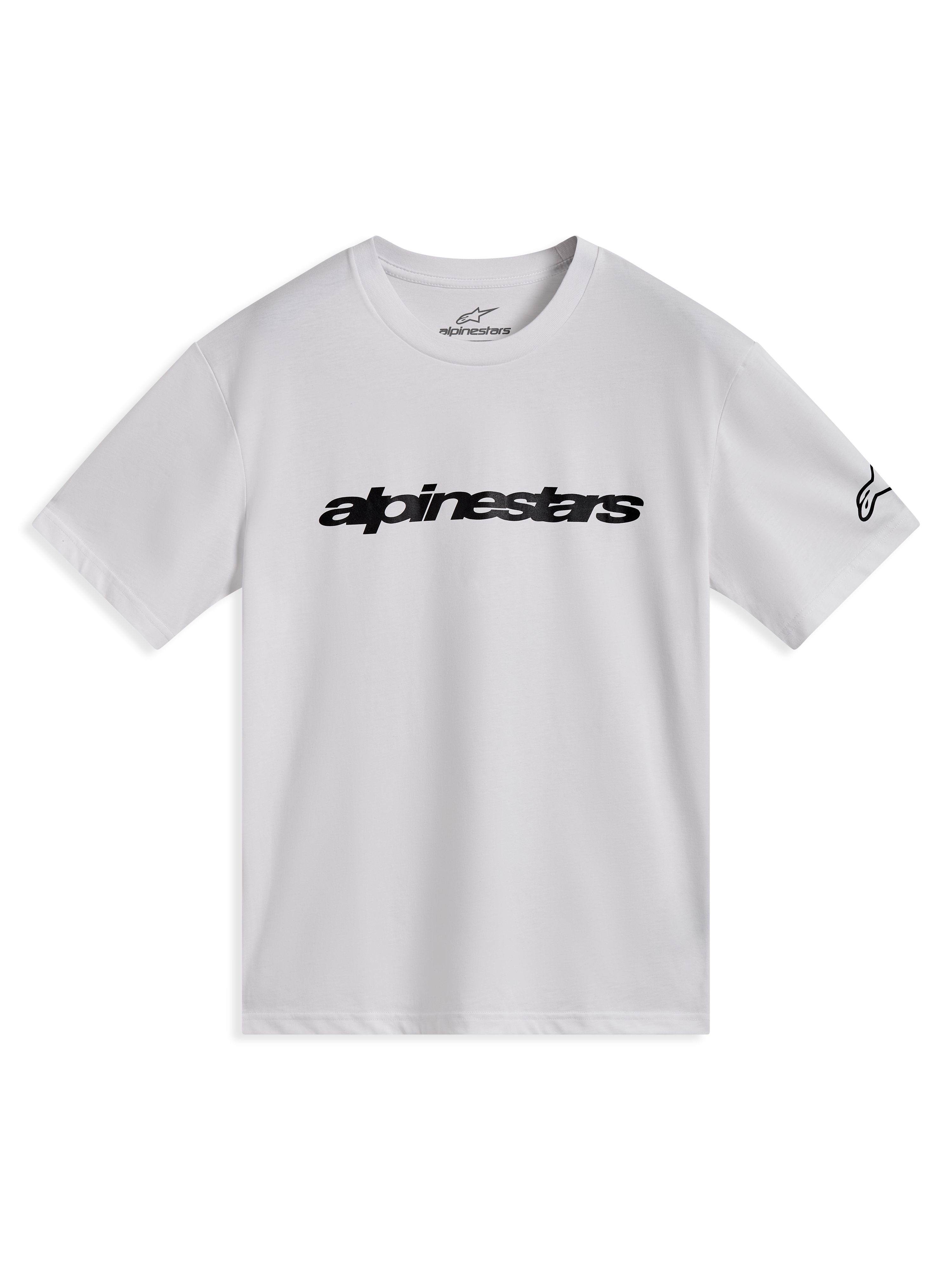 Alpinestars Race Wordmark CSF Tee, hvid kortærmet t-shirt med sort brystlogo og grafik på ærmet, afslappet sportstøj