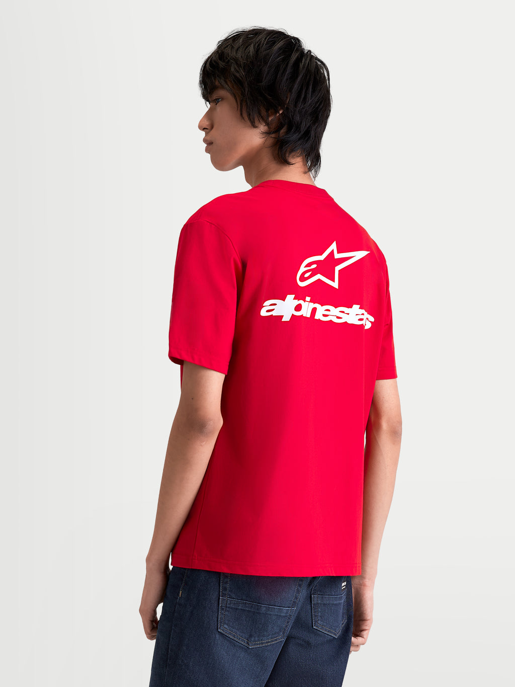 Alpinestars Combo Back CSF T-shirt, herre kortærmet trøje, rød og hvid, set bagfra med stort hvidt Astars-logo og branding på ryggen, motorsport-inspireret stil