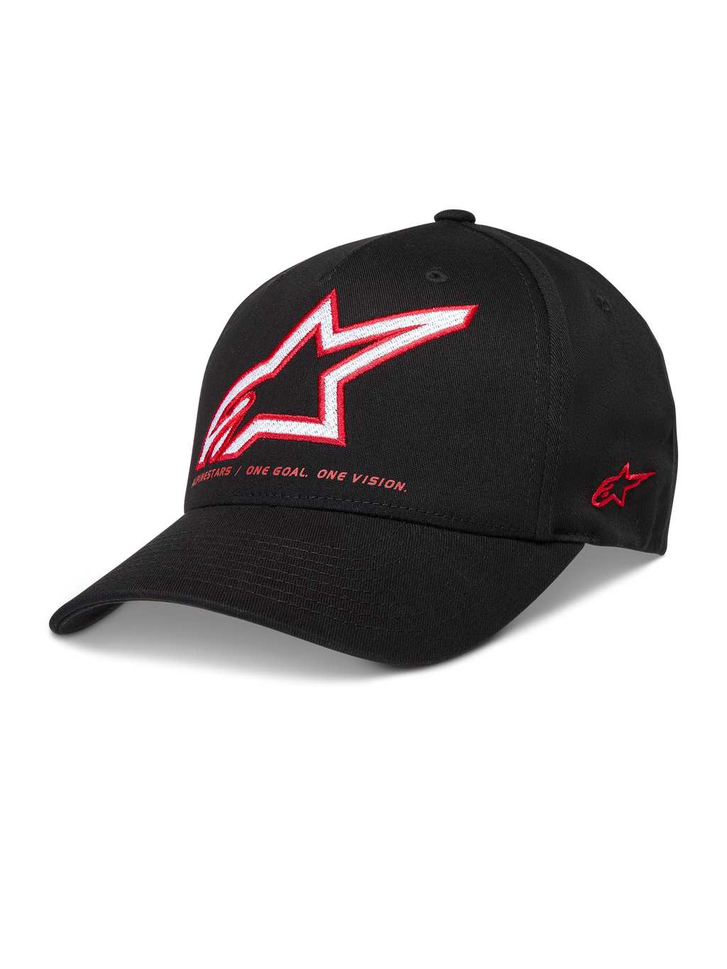 Alpinestars Lineout Hat, sort kasket med rød og hvid broderet Astars-logo, buet skygge og struktureret krone i twill, afslappet motorsport streetwear