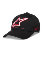 Alpinestars Lineout Hat, sort kasket med rød og hvid broderet Astars-logo, buet skygge og struktureret krone i twill, afslappet motorsport streetwear