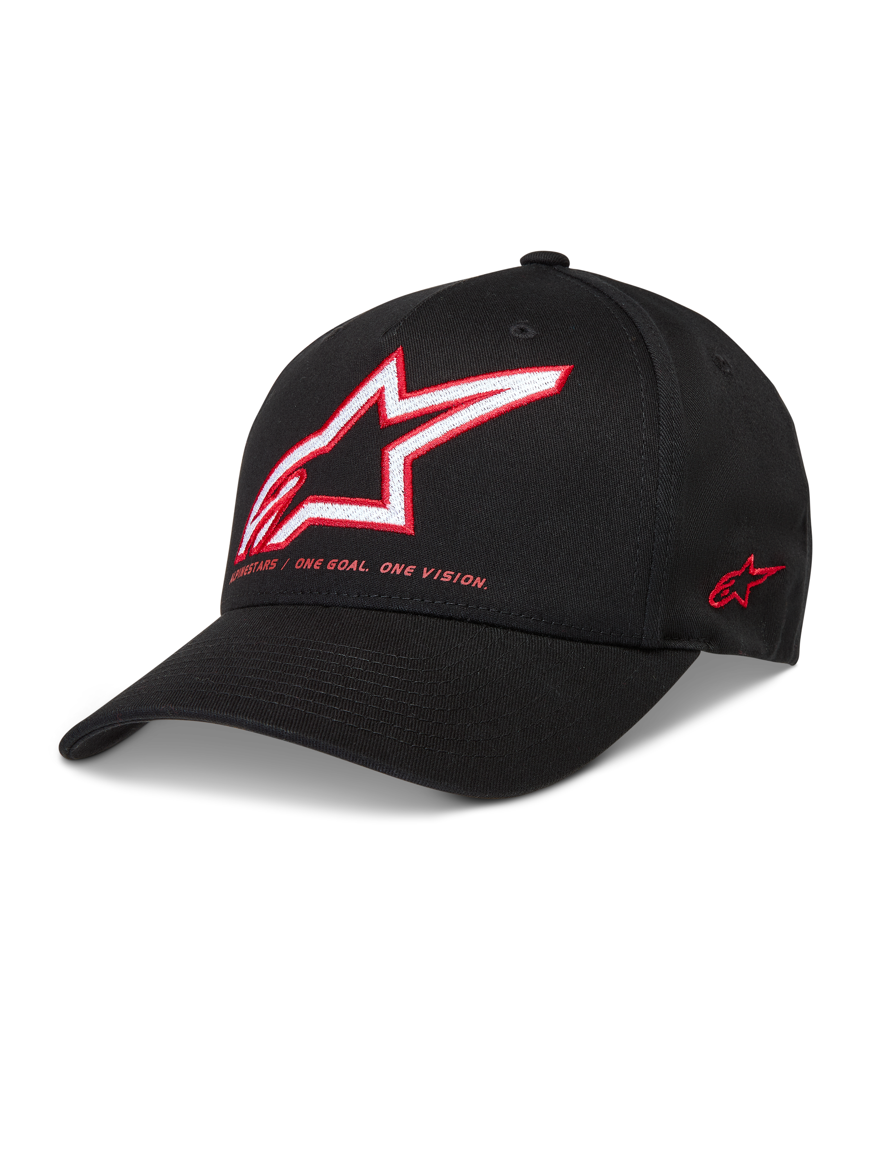 Alpinestars Lineout Hat, sort kasket med rød og hvid broderet Astars-logo, buet skygge og struktureret krone i twill, afslappet motorsport streetwear