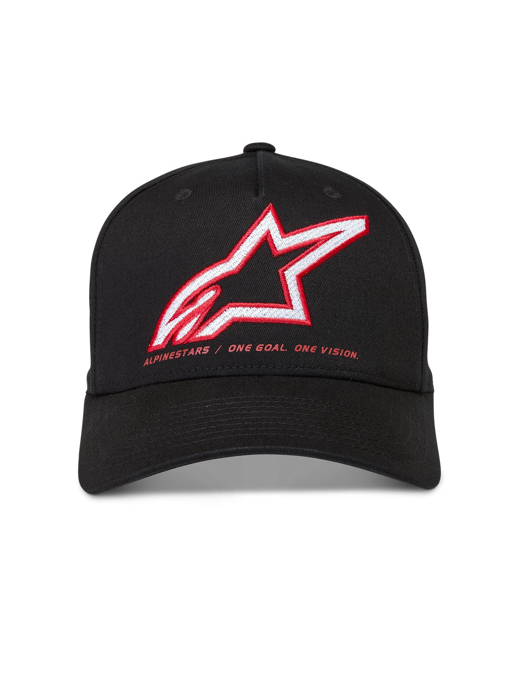 Alpinestars Lineout kasket, sort twillkasket med buet skygge, rødt og hvidt Astars-logo og motto, motorsport streetwear