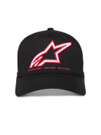 Alpinestars Lineout kasket, sort twillkasket med buet skygge, rødt og hvidt Astars-logo og motto, motorsport streetwear