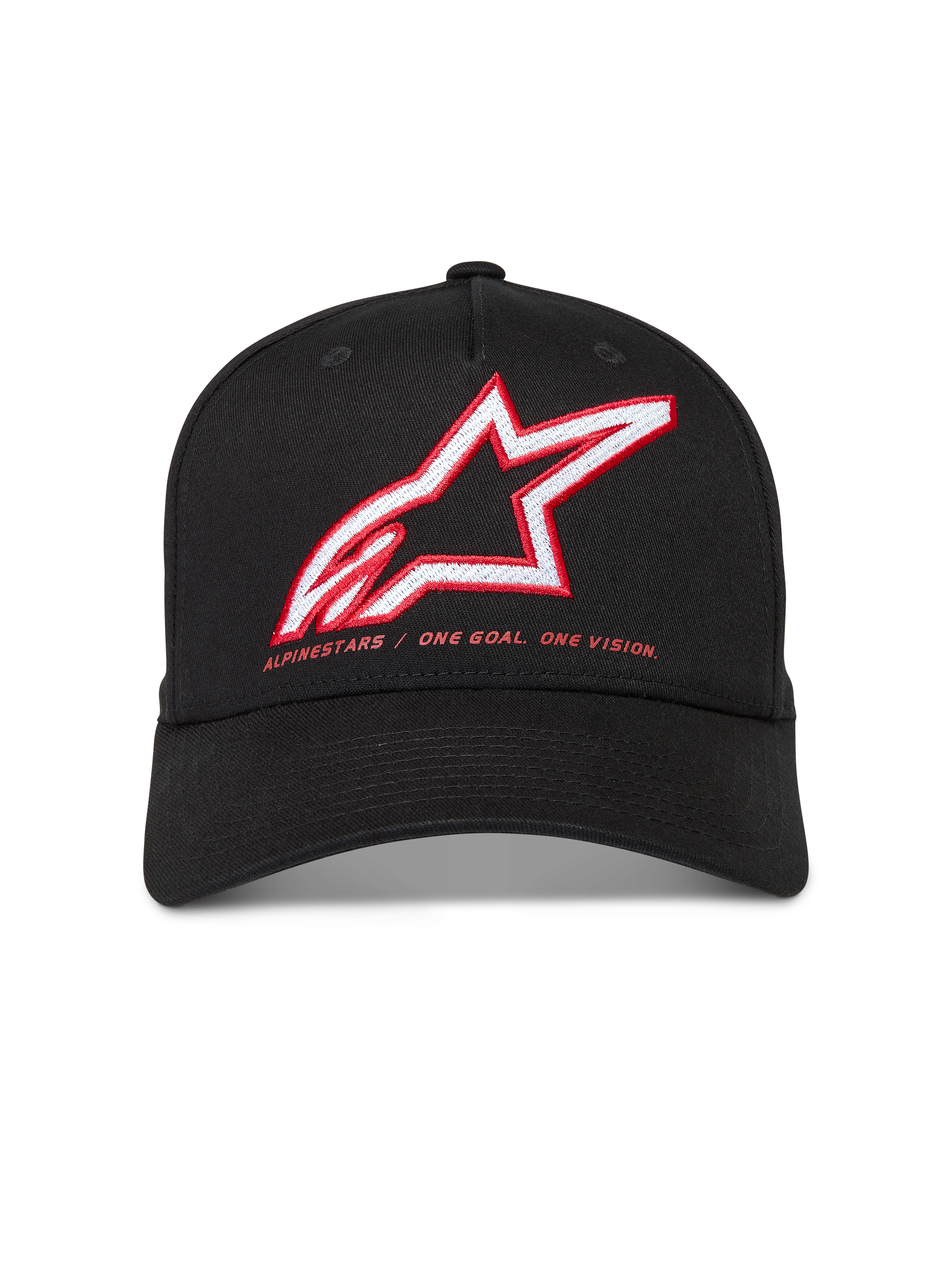 Alpinestars Lineout kasket, sort twillkasket med buet skygge, rødt og hvidt Astars-logo og motto, motorsport streetwear