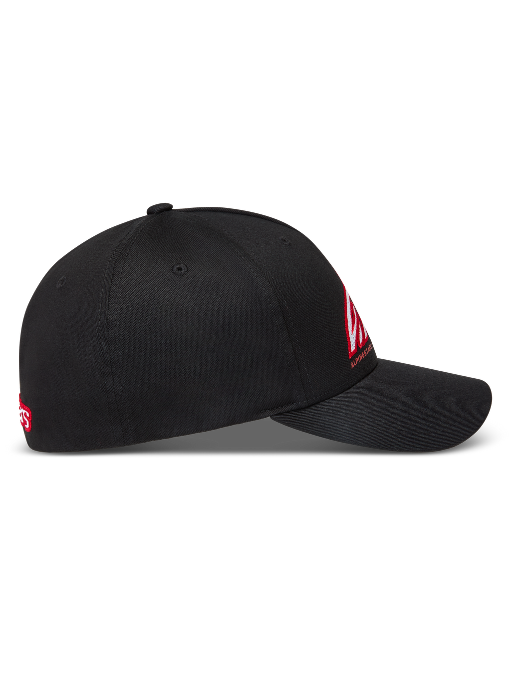 Alpinestars Lineout kasket, sort med buet skygge og struktureret krone, rødt og hvidt logo-broderi, twill-stof, motorsport sportswear