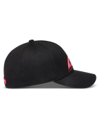 Alpinestars Lineout kasket, sort med buet skygge og struktureret krone, rødt og hvidt logo-broderi, twill-stof, motorsport sportswear