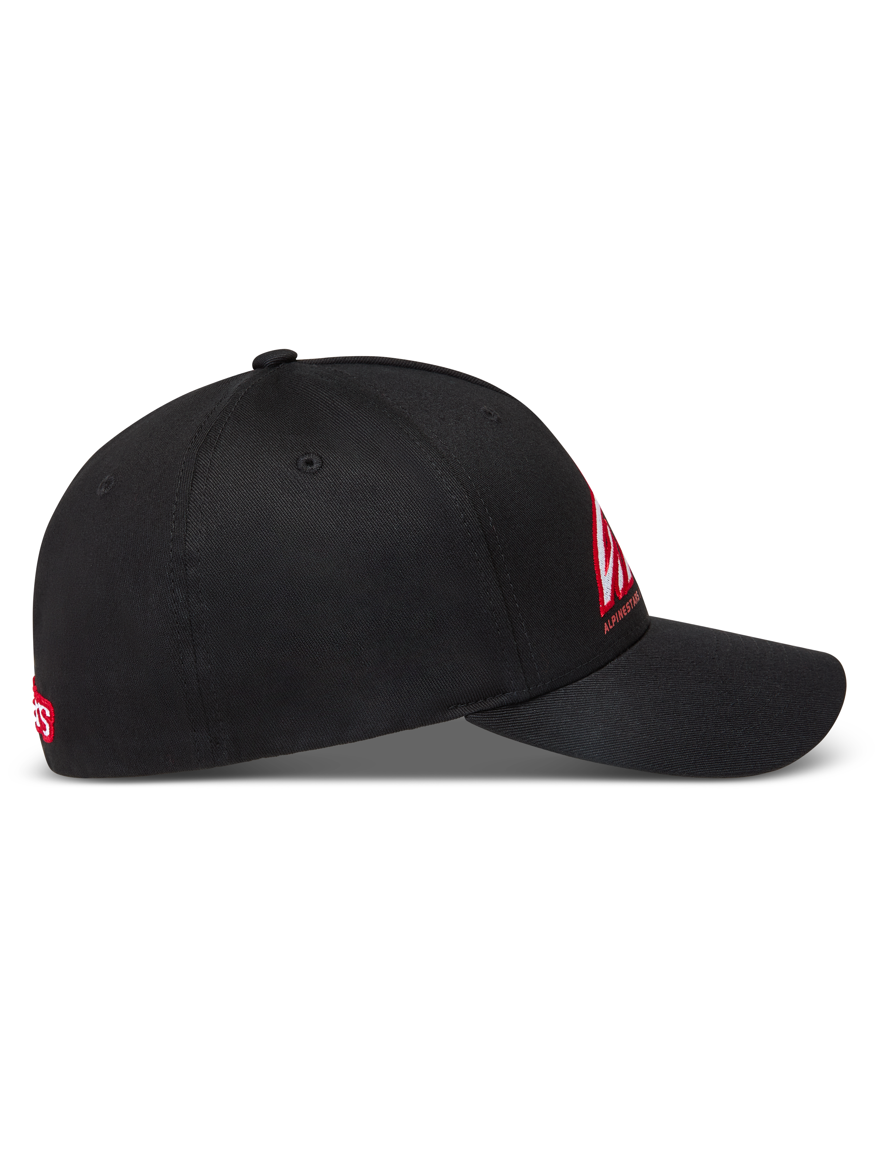 Alpinestars Lineout kasket, sort med buet skygge og struktureret krone, rødt og hvidt logo-broderi, twill-stof, motorsport sportswear