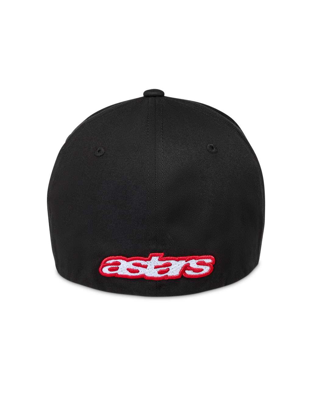 Alpinestars Lineout Hat, sort kasket i twill med flex ryg og rødt og hvidt broderet Astars-logo på bagsiden, afslappet motorsport-streetwear.