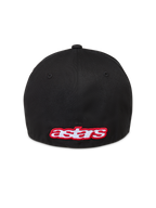 Alpinestars Lineout Hat, sort kasket i twill med flex ryg og rødt og hvidt broderet Astars-logo på bagsiden, afslappet motorsport-streetwear.