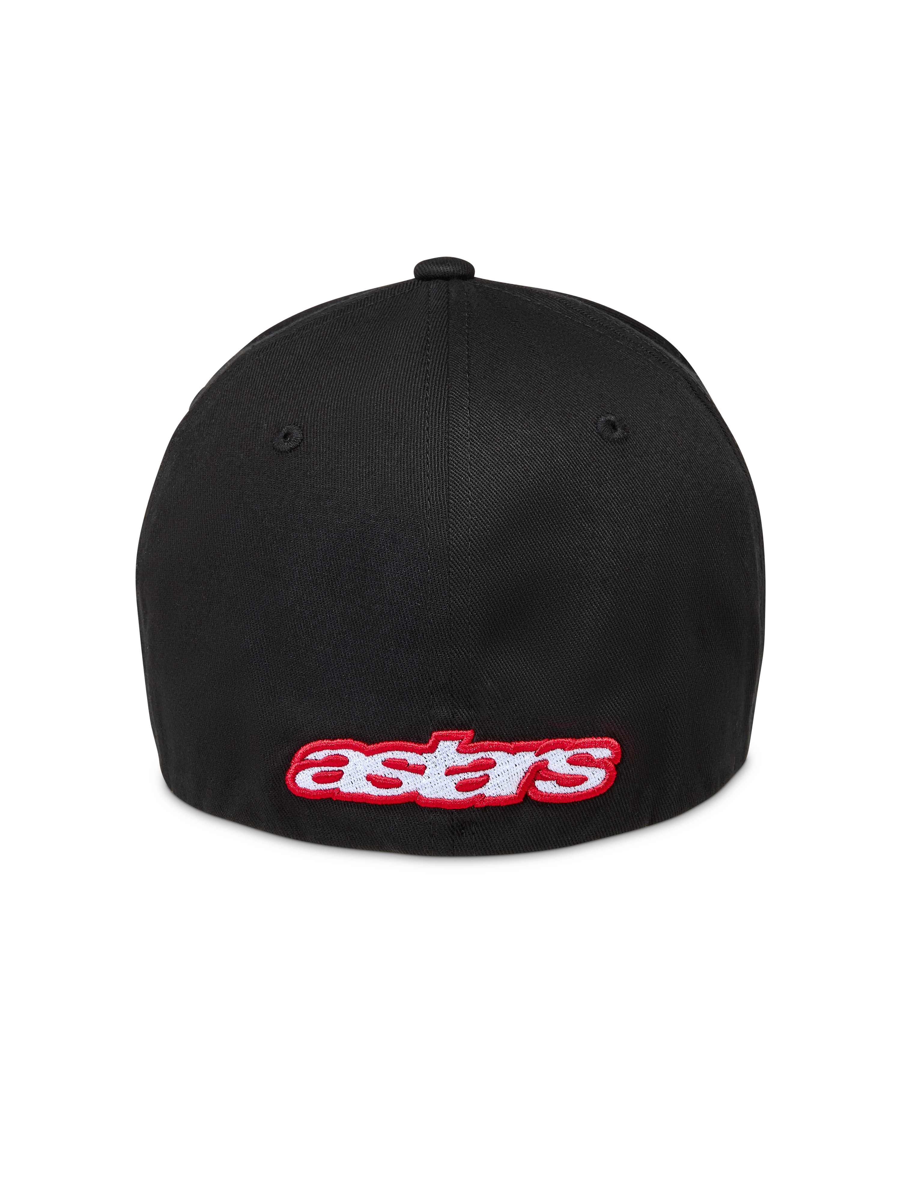 Alpinestars Lineout Hat, sort kasket i twill med flex ryg og rødt og hvidt broderet Astars-logo på bagsiden, afslappet motorsport-streetwear.