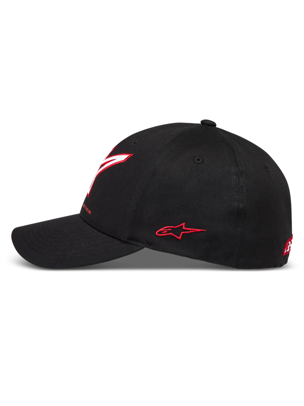 Alpinestars Lineout Hat, sort kasket i twill med buet skygge, broderet hvidt og rødt logo, afslappet motorsport-streetwear.