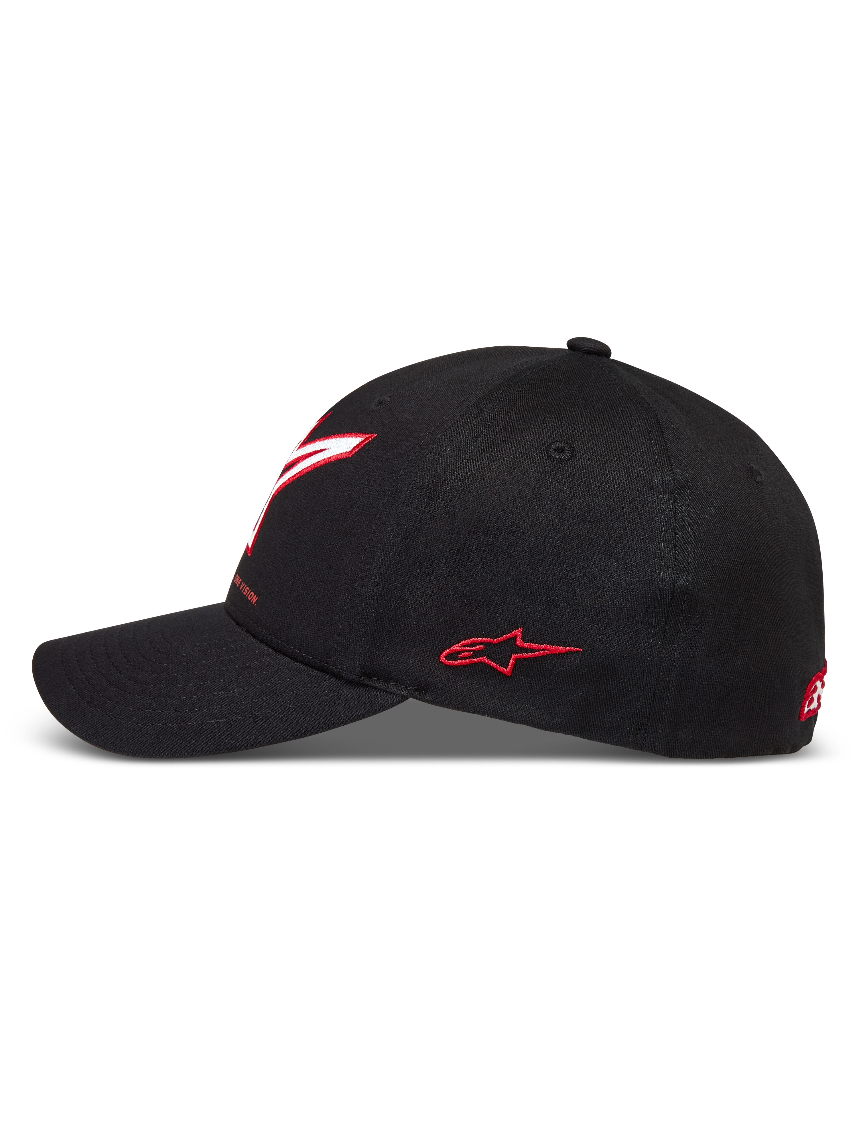 Alpinestars Lineout Hat, sort kasket i twill med buet skygge, broderet hvidt og rødt logo, afslappet motorsport-streetwear.