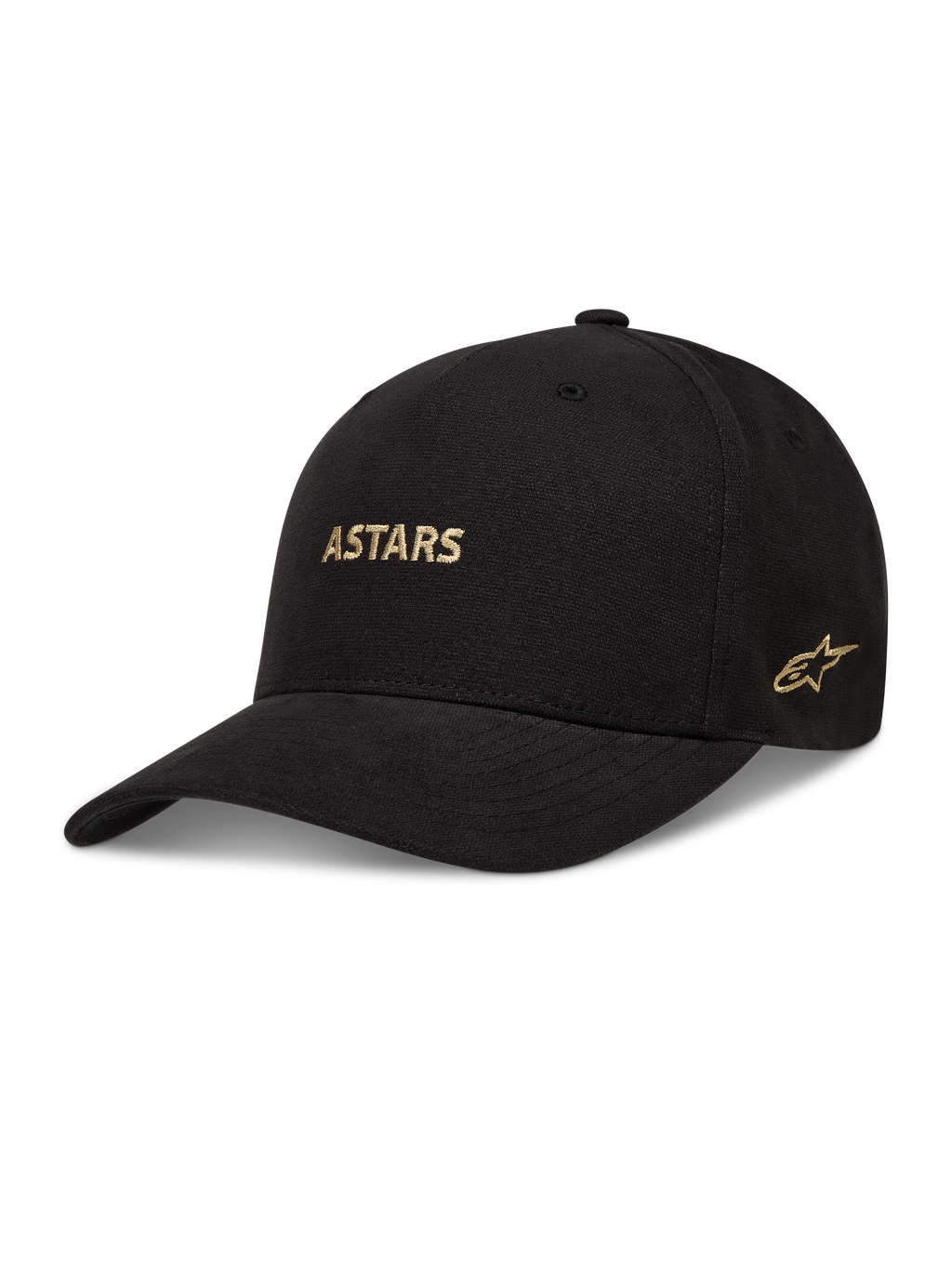 Alpinestars County Canvas kasket, sort sportstøjskasket med buet skygge, struktureret krone og guld-broderet Astars-logo.