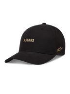 Alpinestars County Canvas kasket, sort sportstøjskasket med buet skygge, struktureret krone og guld-broderet Astars-logo.