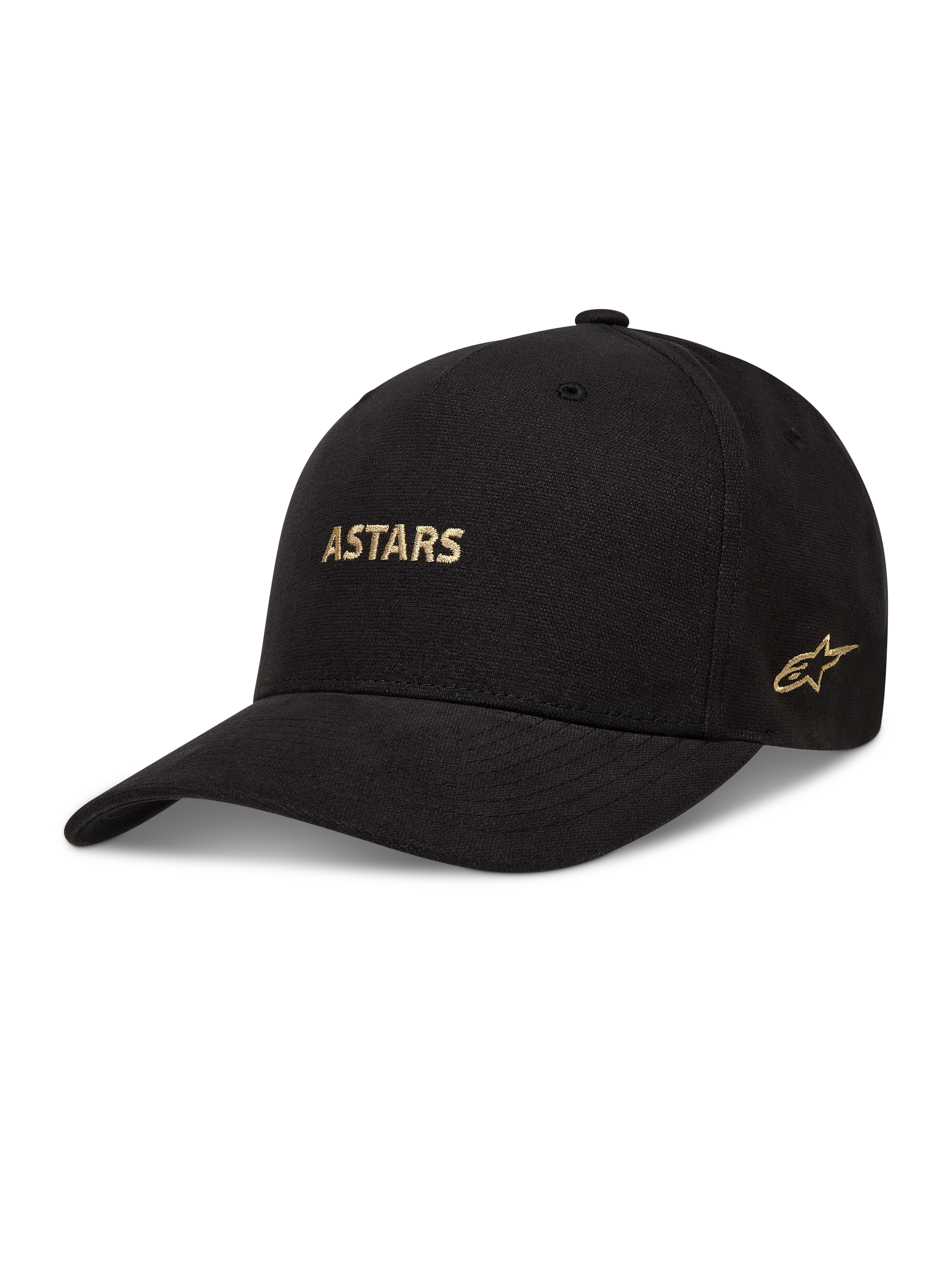 Alpinestars County Canvas kasket, sort sportstøjskasket med buet skygge, struktureret krone og guld-broderet Astars-logo.